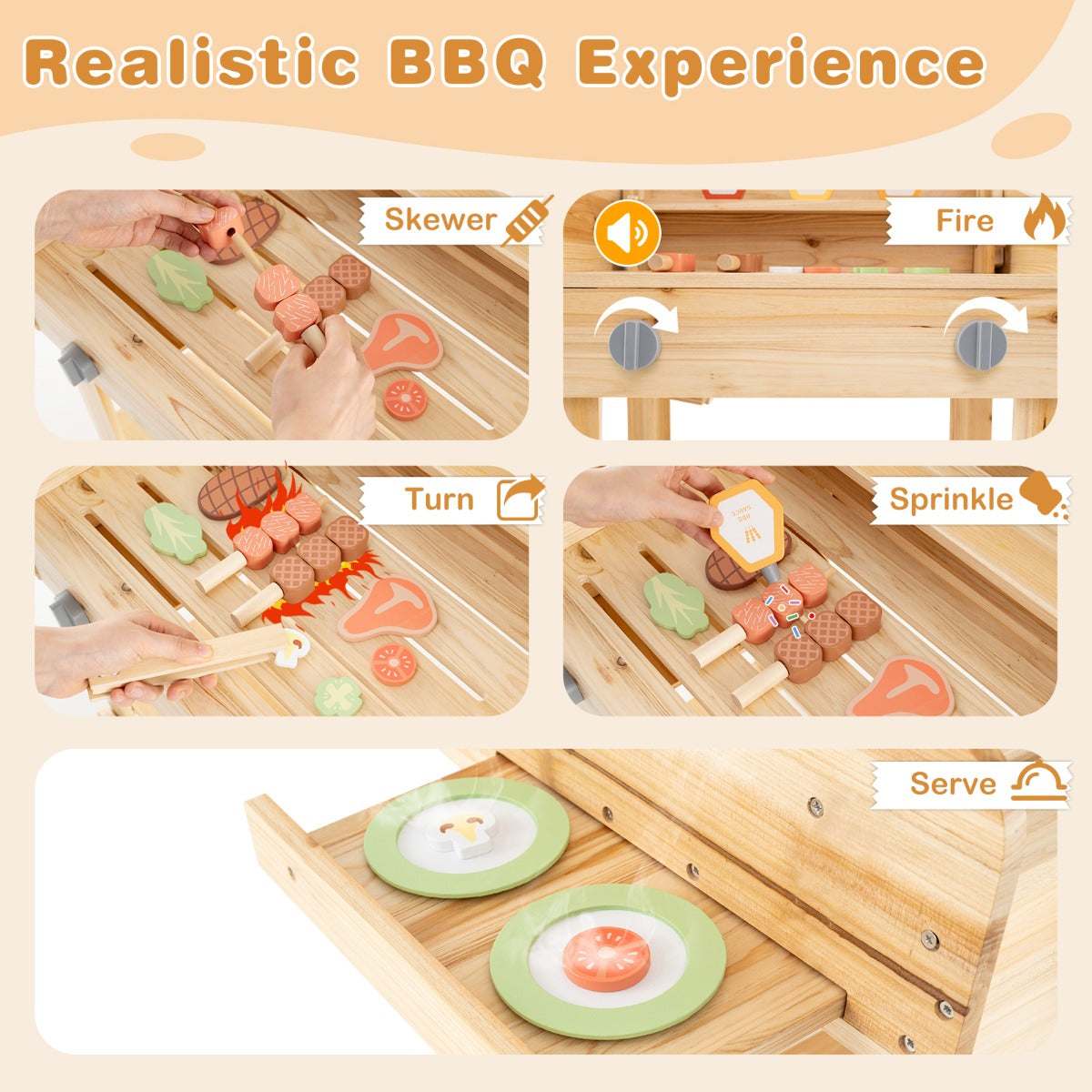 LIVSK Houten Barbecuespeelset - Realistische BBQ-Ervaring - 25 Accessoires - Kindvriendelijk - Voor Binnen en Buiten - Natuur