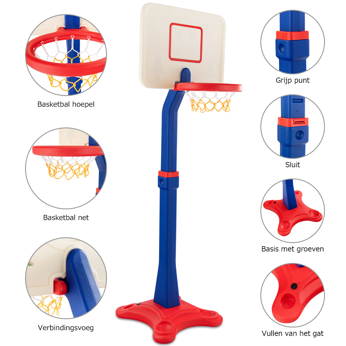 LIVSK Basketbal Hoepel Standaard - Verstelbare Hoogte 160-216 cm - Veilig en Duurzaam - Voor Kinderen 3-8 jaar - Rood