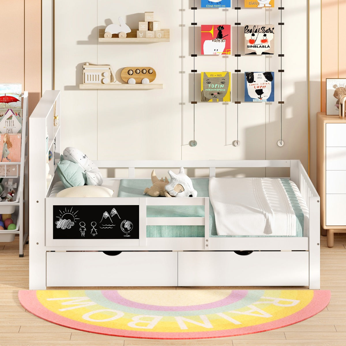 LIVSK Kinderbed met Valbescherming - 2 Uittrekbare Lades - Boekenplank - Krijtbord - Massief Hout - 203 x 143,5 x 120 cm - Wit