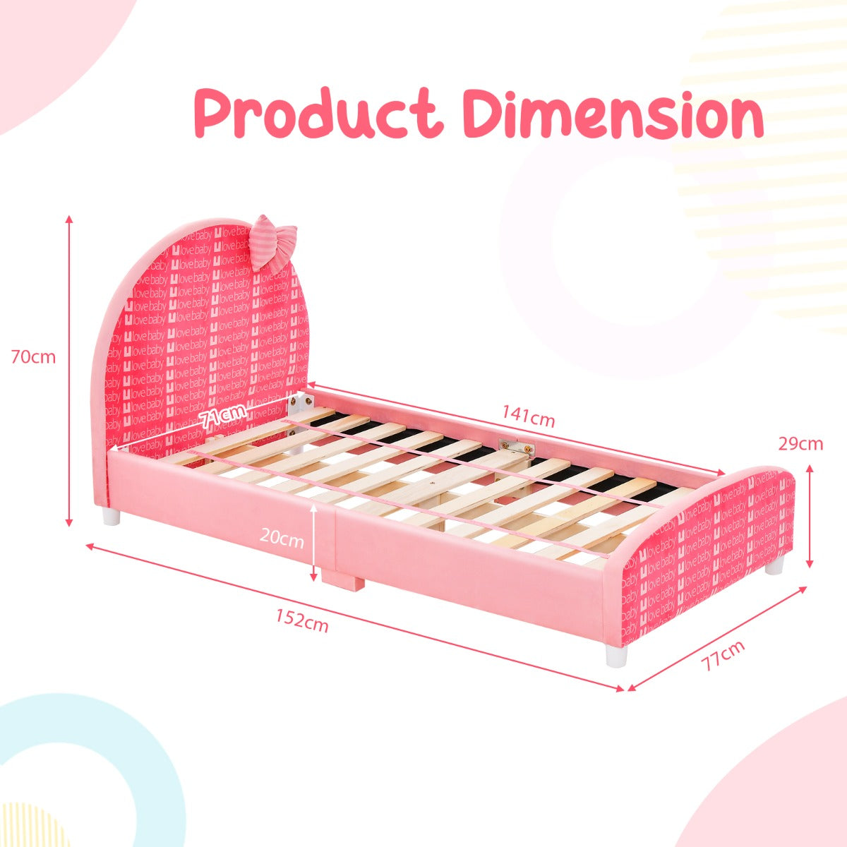 LIVSK Verstelbaar Kinderbed - Stevig Hout - Zacht Hoofdbord met Strikontwerp - Voor Kinderen 0-8 jaar - 152 x 77 x 70 cm - Roze