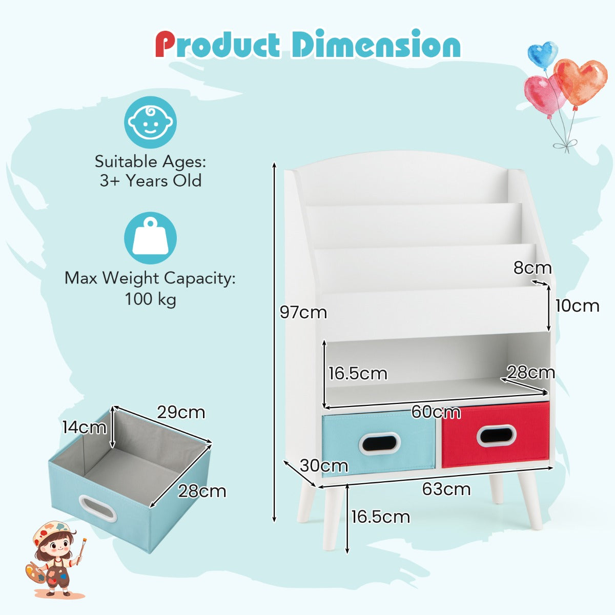 LIVSK Kinderboekenkast - 3 Niveaus - 2 Opvouwbare Lades - Veiligheidsontwerp - Hoogwaardig Hout - 63 x 30 x 97 cm - Grijs/Wit