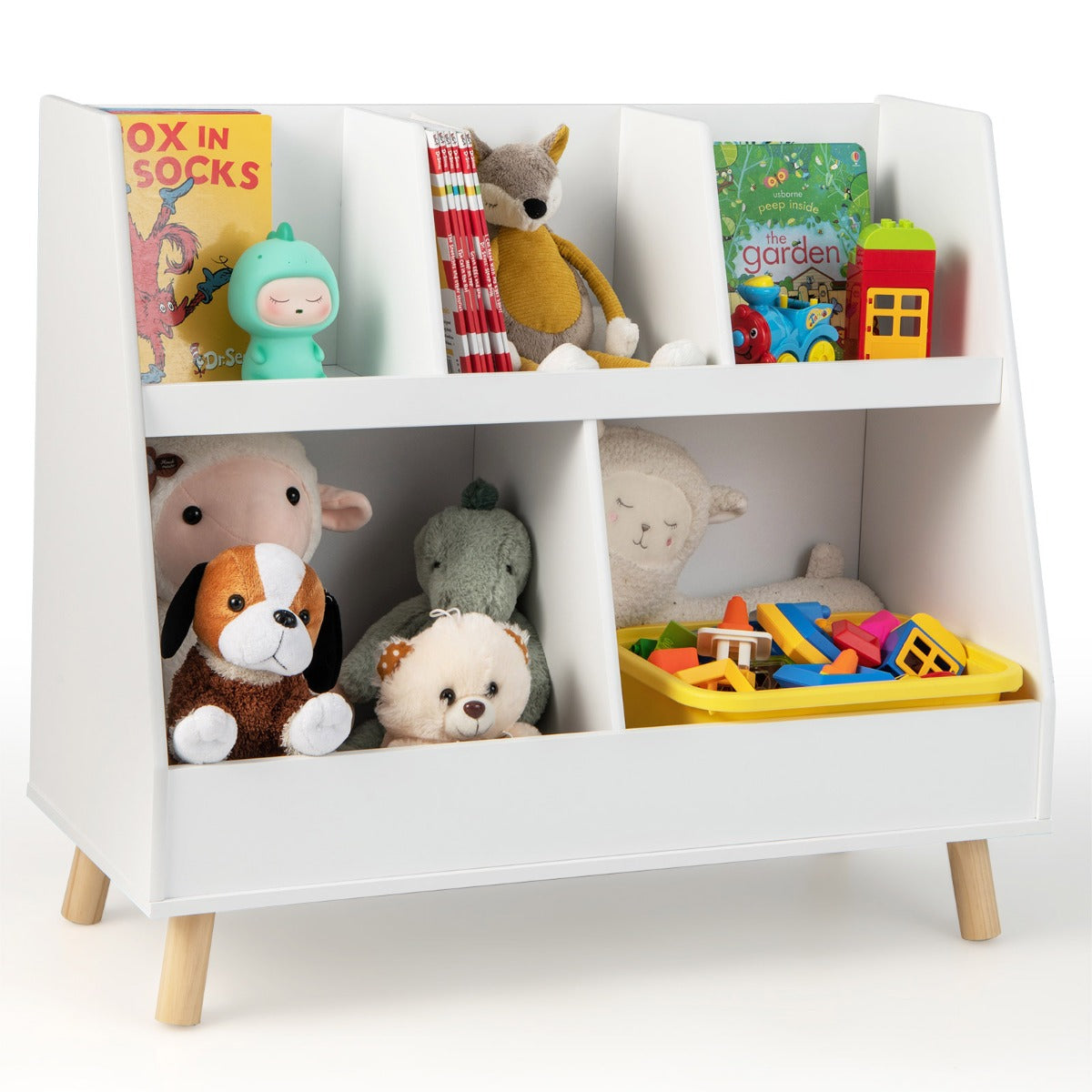 LIVSK 2-in-1 Kinderboekenkast en Speelgoedopberger - 5 Vakken - Veilig Houten Frame - Kindvriendelijke Hoogte 71 cm - Wit