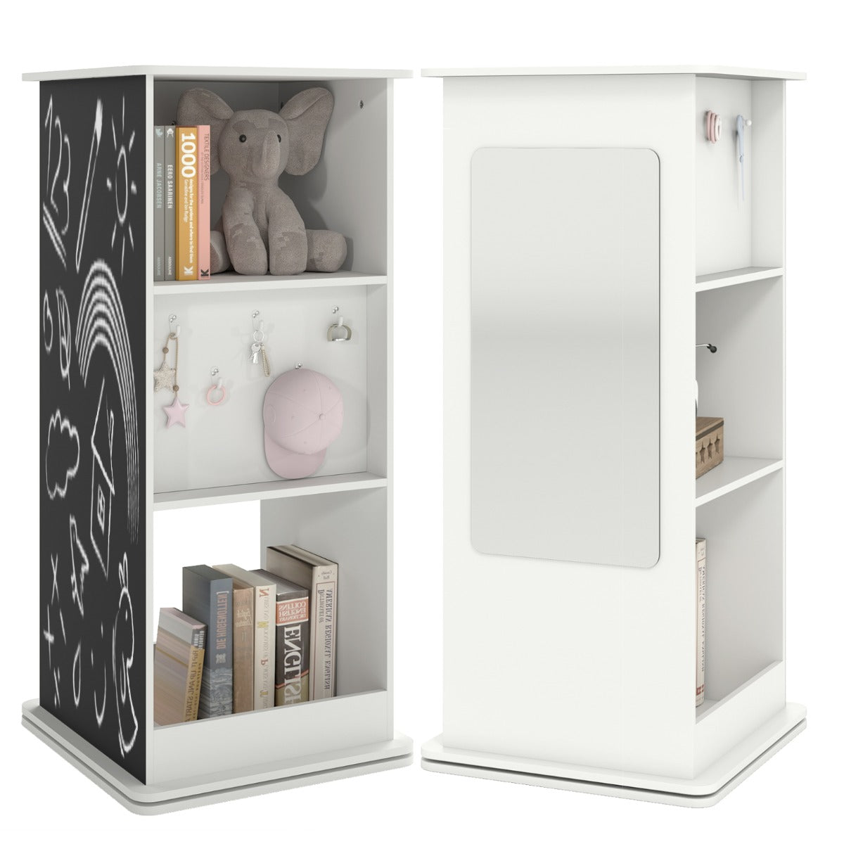 Livsk costway kinderboekenkast houten 360 draaibare hoekunit met schoolbord spiegel haken en open planken
