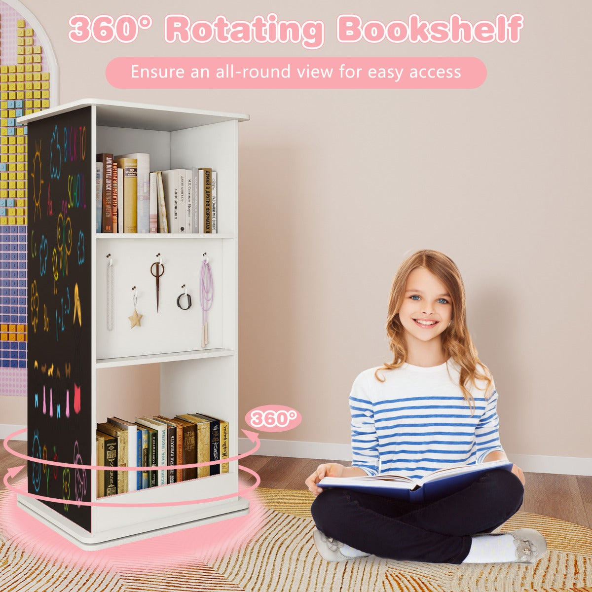 Livsk costway kinderboekenkast houten 360 draaibare hoekunit met schoolbord spiegel haken en open planken 4