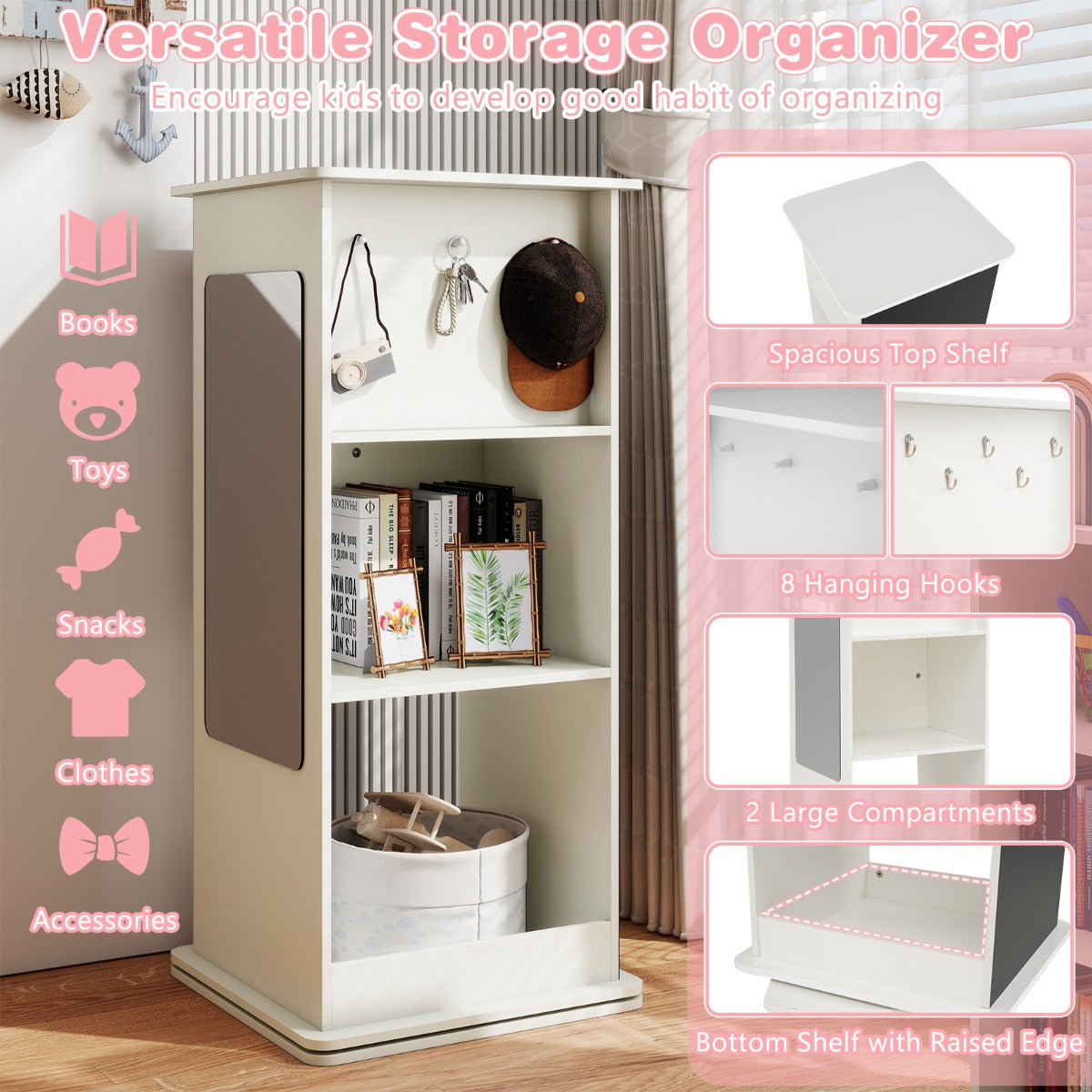 Livsk costway kinderboekenkast houten 360 draaibare hoekunit met schoolbord spiegel haken en open planken 5