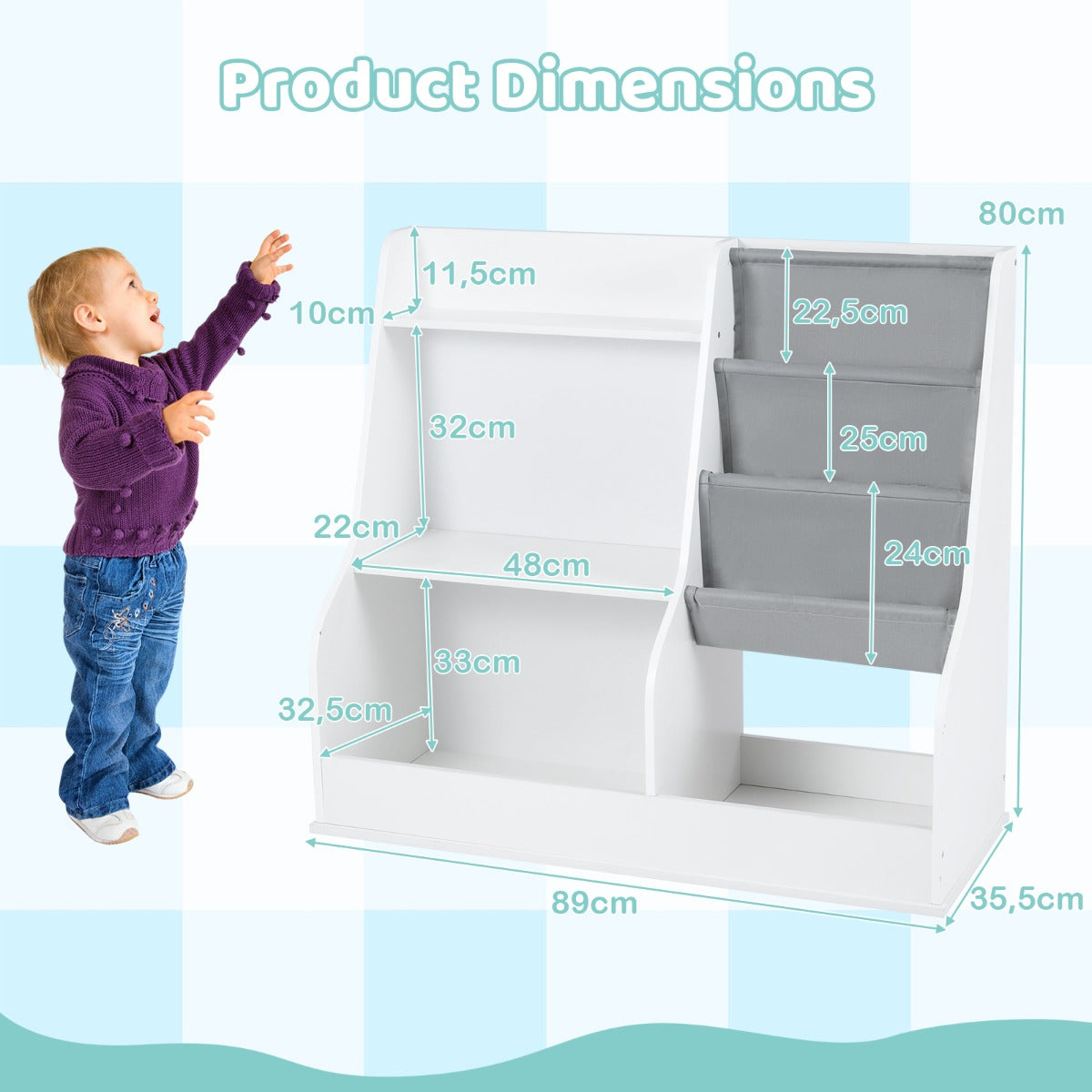 Livsk costway kinderboekenkast houten speelgoedopbergrek met 3 niveaus stoffen zakken houten rugzakkenrek voor peuters met opbergvakken