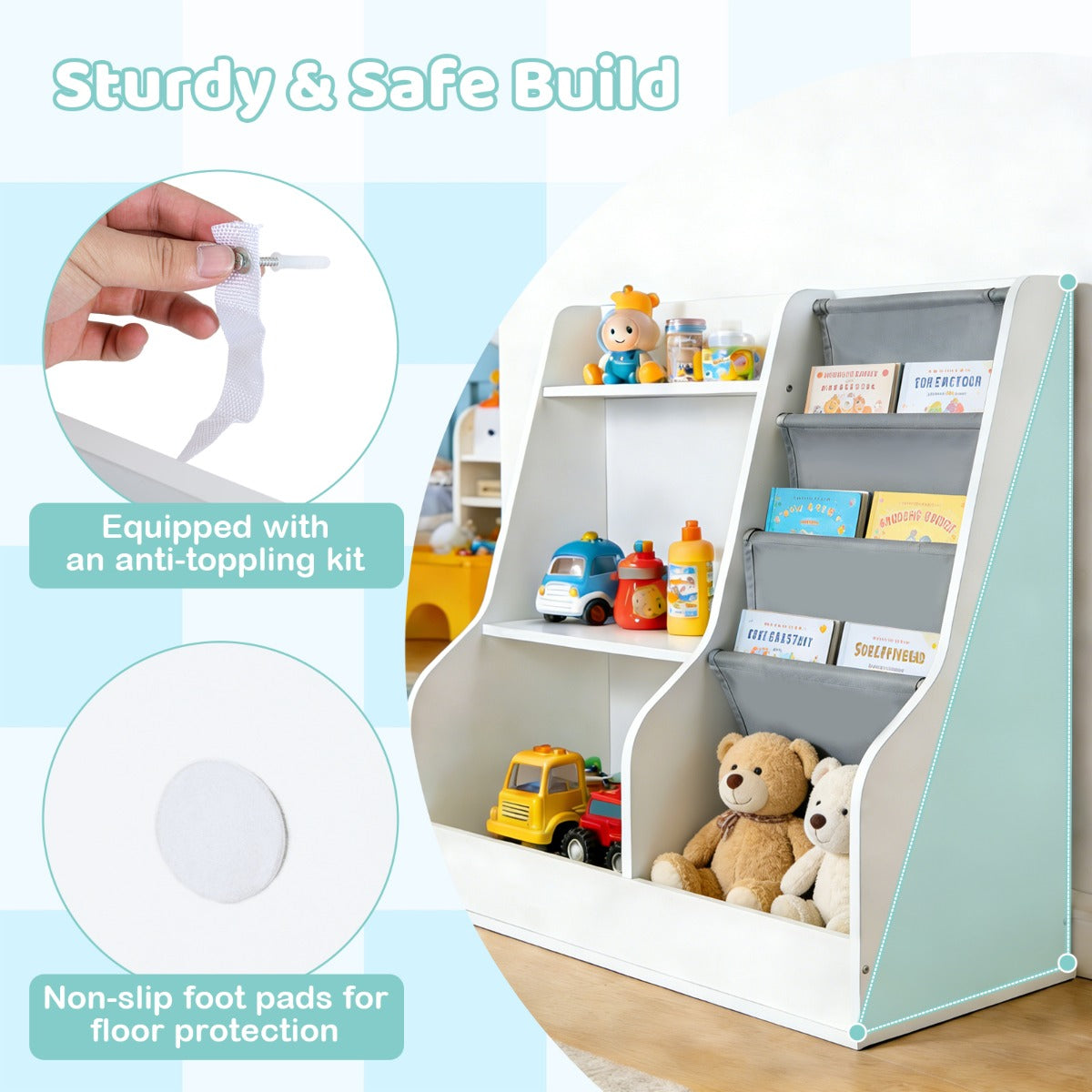 Livsk costway kinderboekenkast houten speelgoedopbergrek met 3 niveaus stoffen zakken houten rugzakkenrek voor peuters met opbergvakken