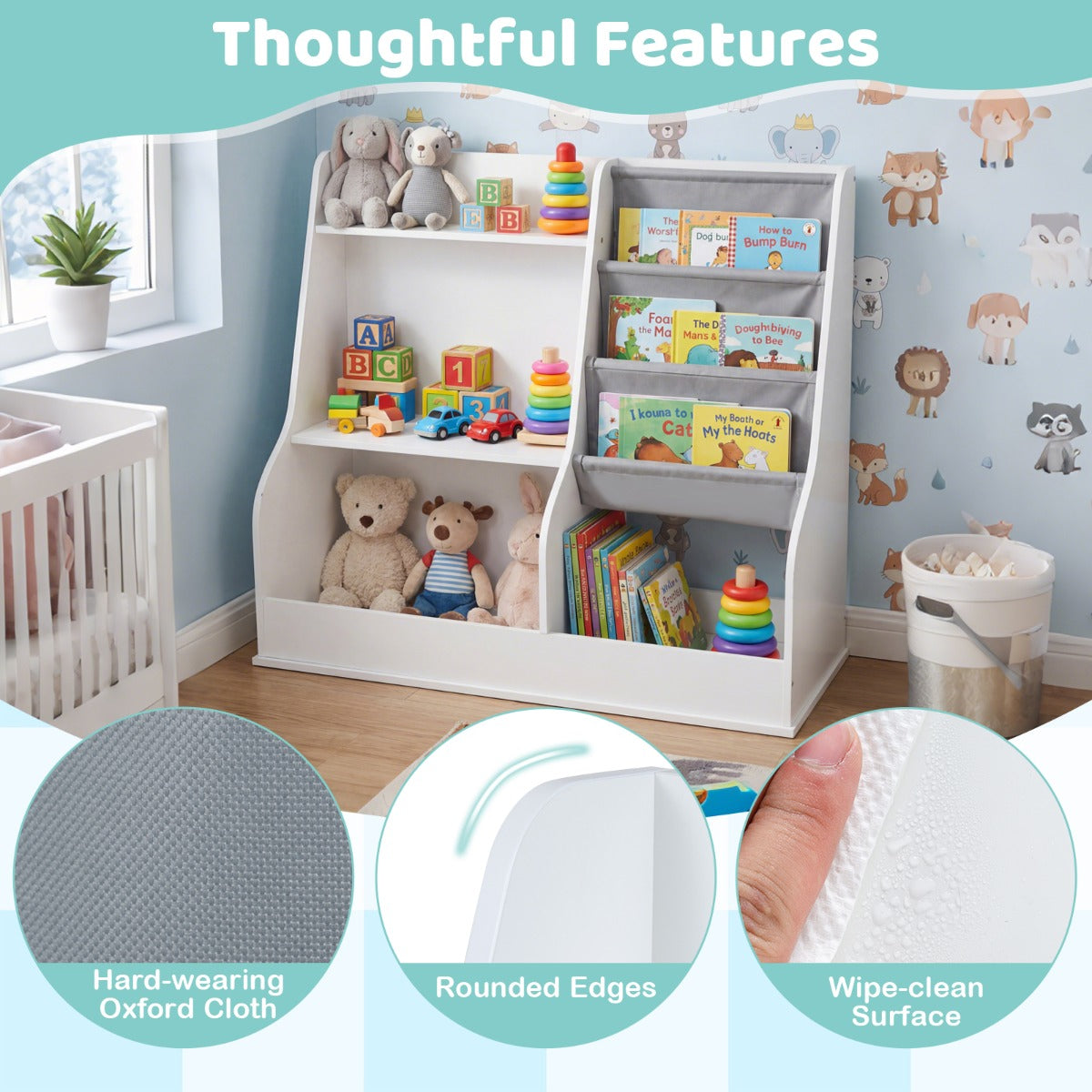 Livsk costway kinderboekenkast houten speelgoedopbergrek met 3 niveaus stoffen zakken houten rugzakkenrek voor peuters met opbergvakken