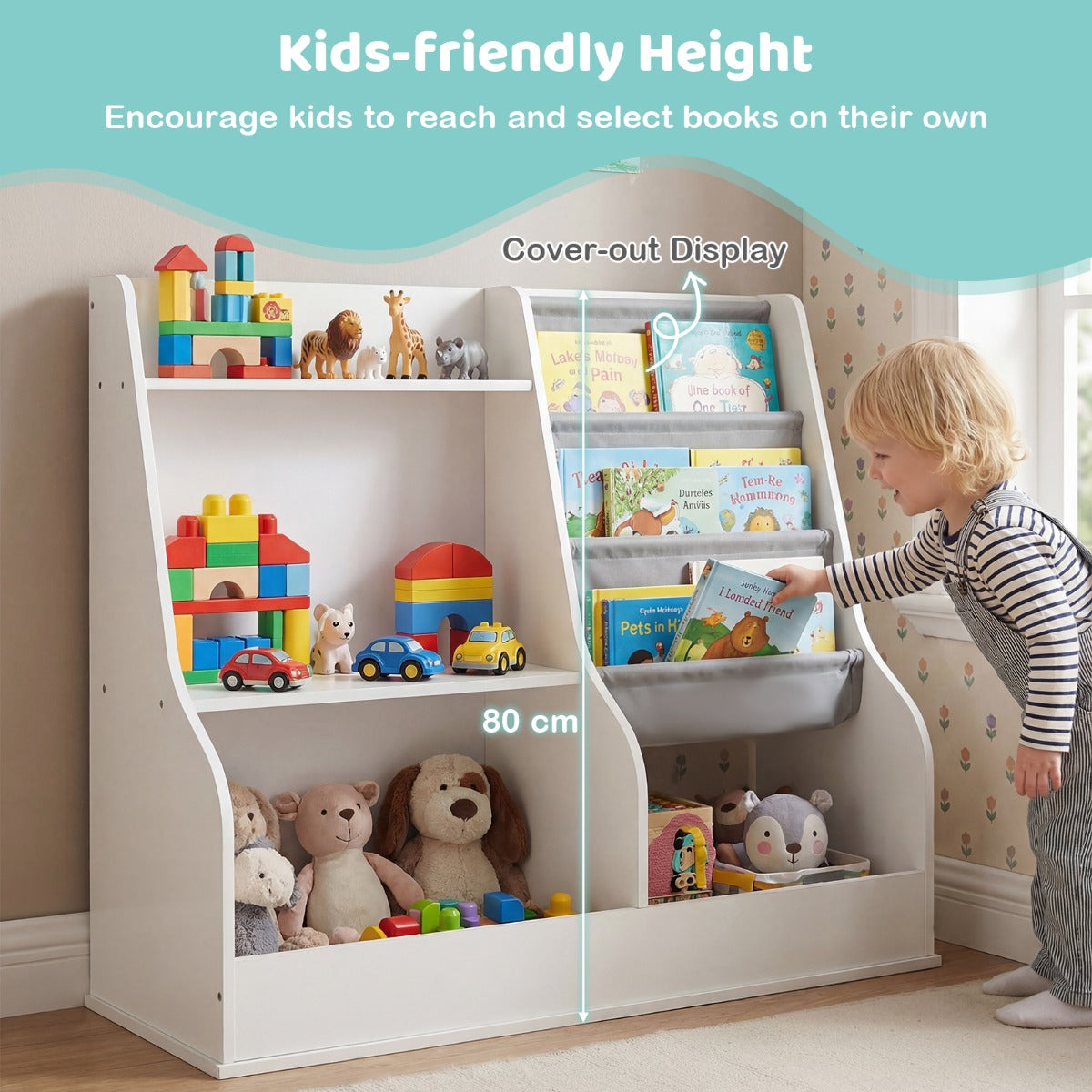 Livsk costway kinderboekenkast houten speelgoedopbergrek met 3 niveaus stoffen zakken houten rugzakkenrek voor peuters met opbergvakken