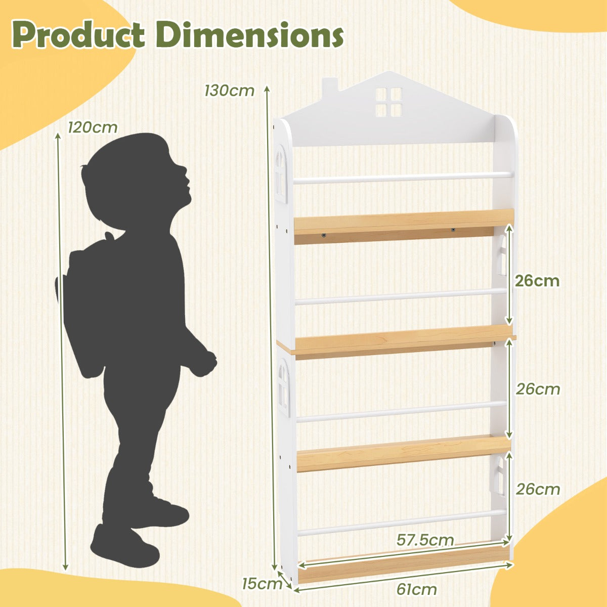 Livsk costway kinderboekenkast in de vorm van een huis vier lagen voorzien van veiligheidsleuningen en metalen dwarsbalken