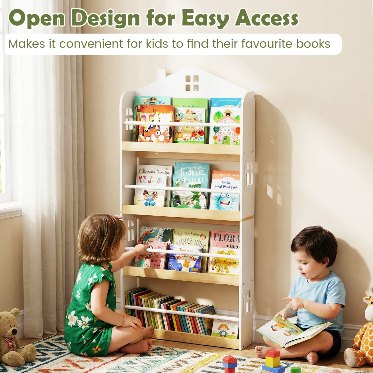 Livsk costway kinderboekenkast in de vorm van een huis vier lagen voorzien van veiligheidsleuningen en metalen dwarsbalken