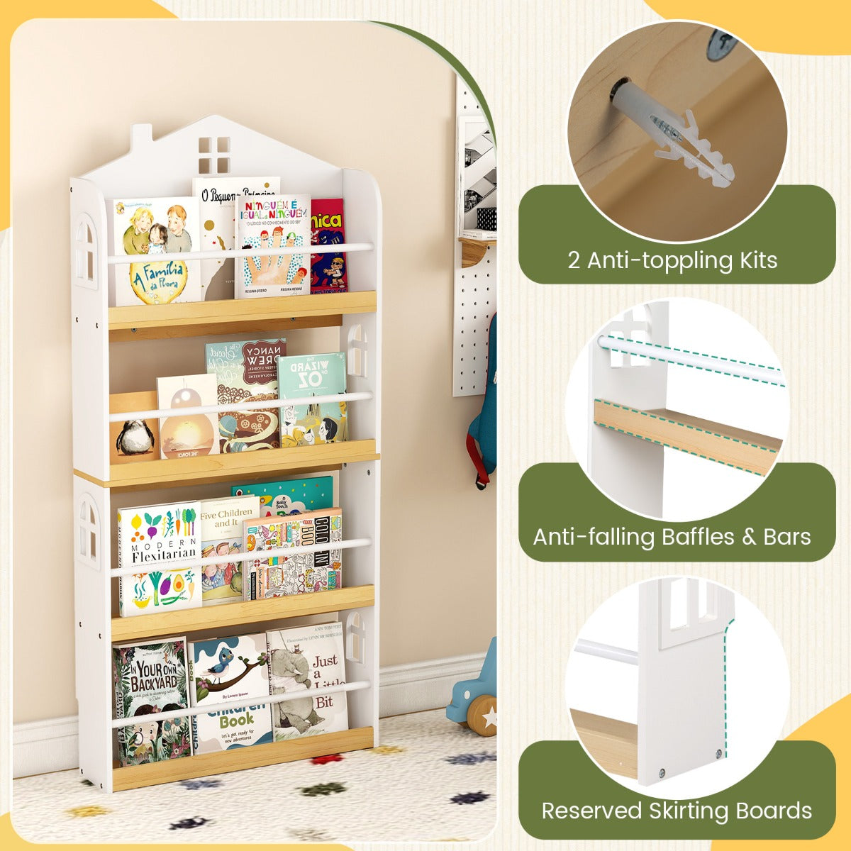 Livsk costway kinderboekenkast in de vorm van een huis vier lagen voorzien van veiligheidsleuningen en metalen dwarsbalken