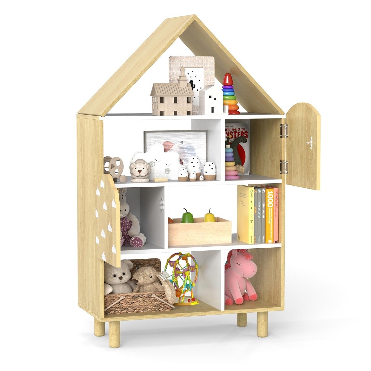 LIVSK Huisvormige Boekenplank - 5 Open Vakken en 2 Kasten - Kindvriendelijk en Veilig - Natuurlijk