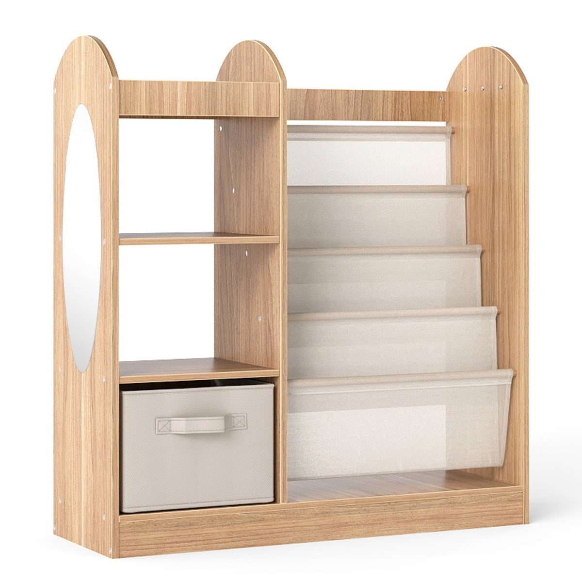 Livsk costway kinderboekenkast met passpiegel speelgoedopbergers met 4 lagen sling planken en stoffen lade naturel