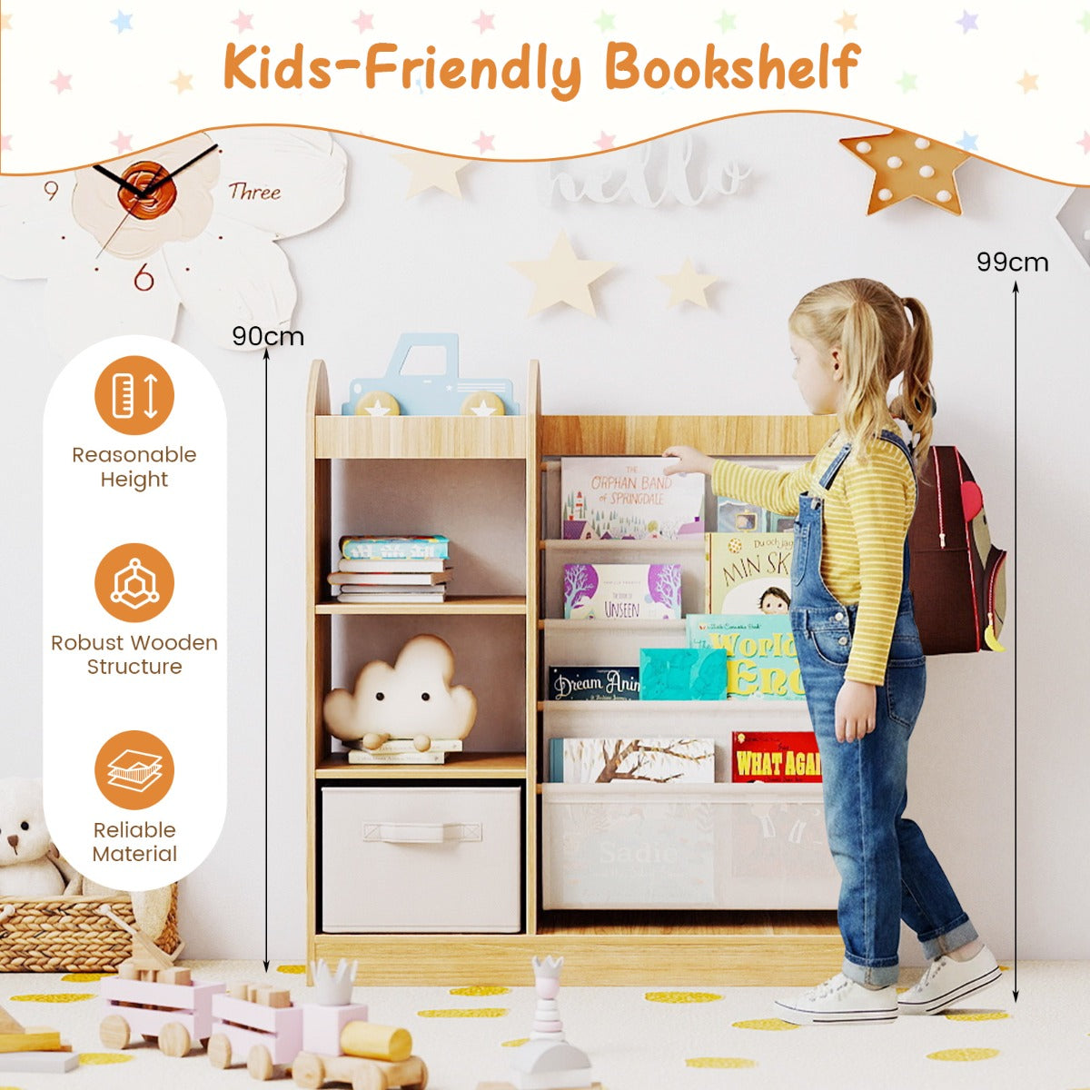 Livsk costway kinderboekenkast met passpiegel speelgoedopbergers met 4 lagen sling planken en stoffen lade naturel 2