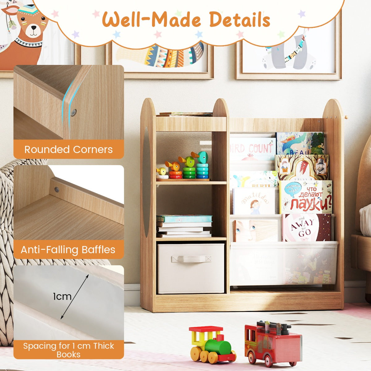 Livsk costway kinderboekenkast met passpiegel speelgoedopbergers met 4 lagen sling planken en stoffen lade naturel 3