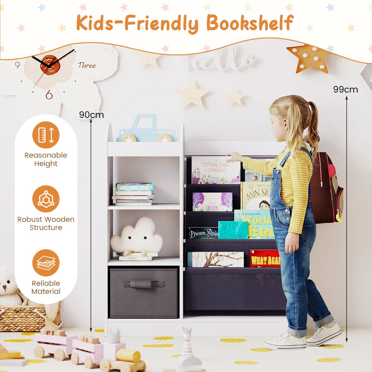 Livsk costway kinderboekenkast met passpiegel speelgoedopbergers met 4 lagen sling planken en stoffen lade wit 2