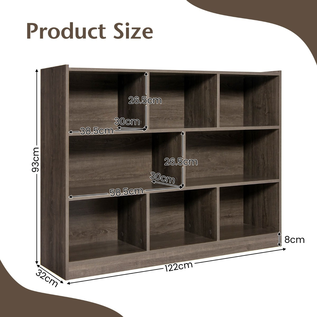 LIVSK Boekenkast met 8 Vakken - Duurzaam Gelamineerd Hout - Flexibel Ontwerp - Eenvoudige Montage - 122 x 32 x 93 cm - Grijs