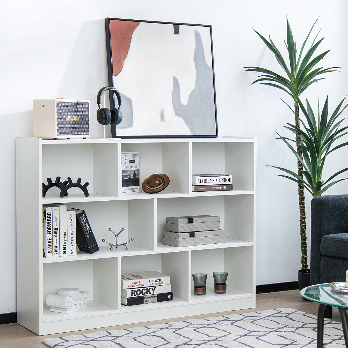 LIVSK Boekenkast met 8 Vakken - Duurzaam Gelamineerd Hout - Modern Ontwerp - Eenvoudige Montage - 122 x 32 x 93 cm - Wit