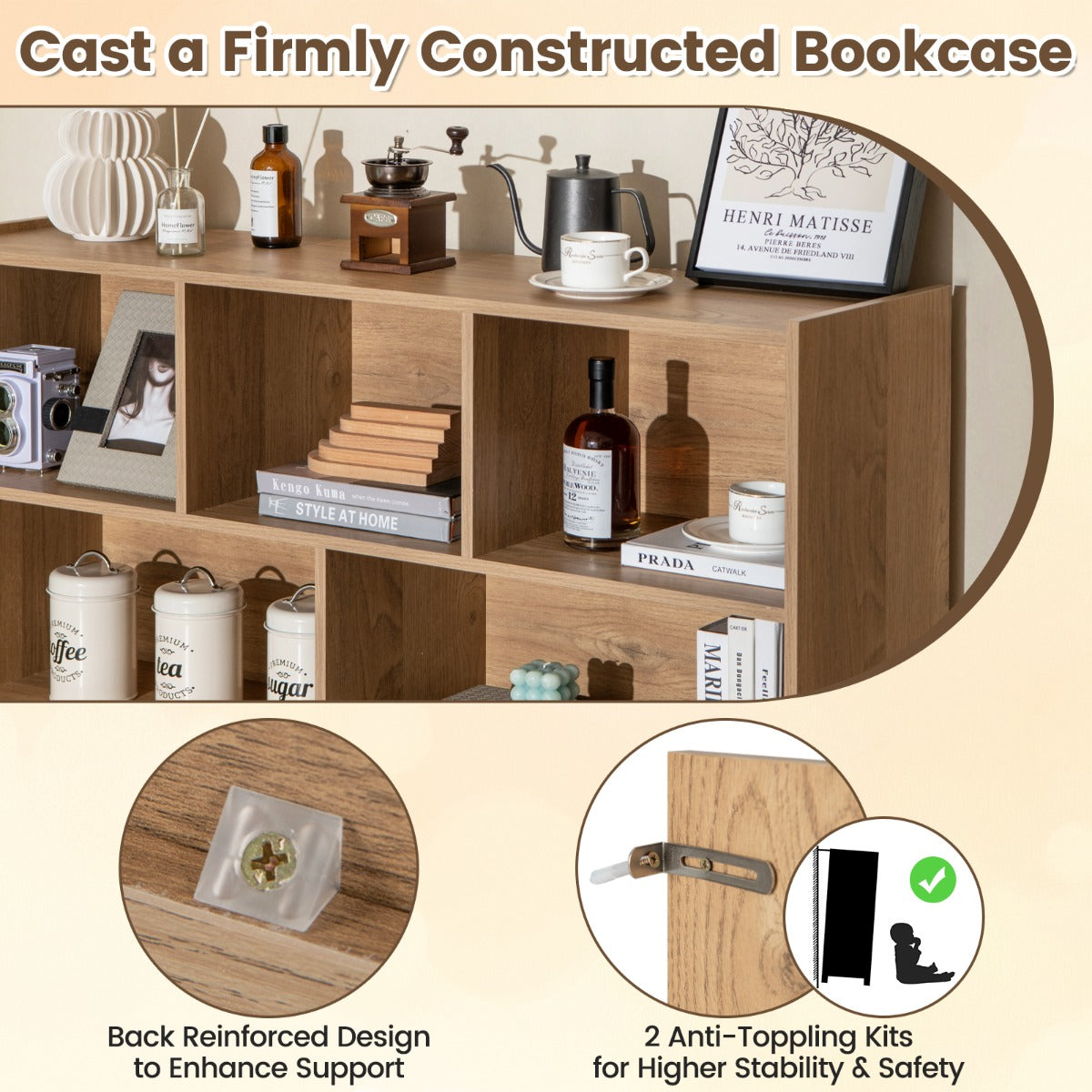 LIVSK Boekenkast - 3 Niveaus met 8 Vakken - Duurzaam Gelamineerd Hout - Tot 60 kg - Modern Design - Houtkleur