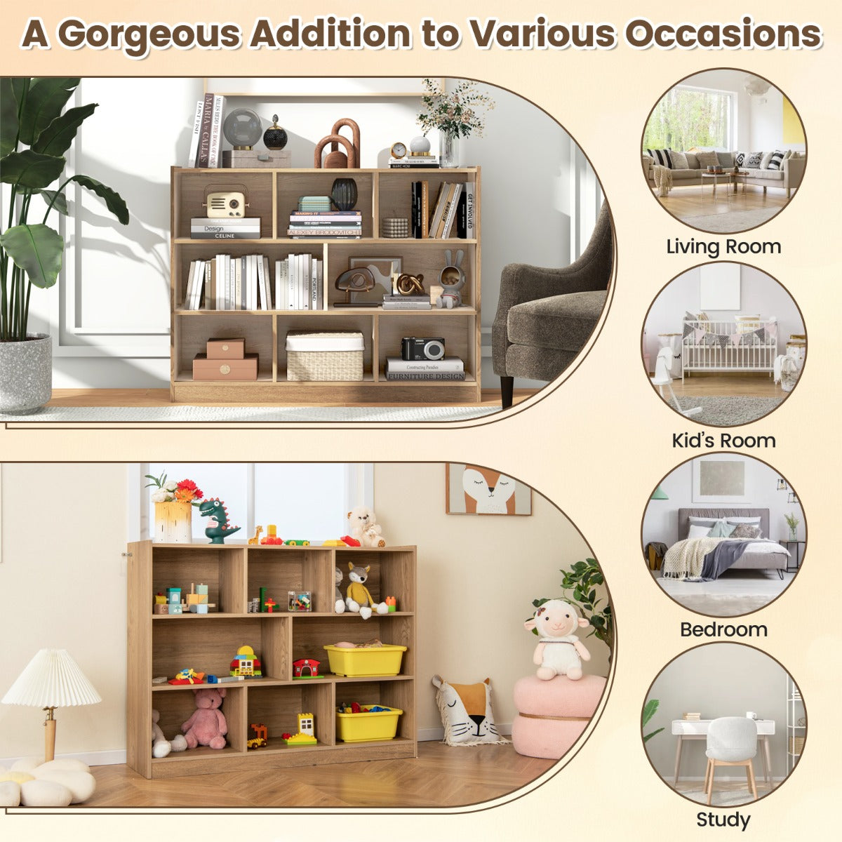 LIVSK Boekenkast - 3 Niveaus met 8 Vakken - Duurzaam Gelamineerd Hout - Tot 60 kg - Modern Design - Houtkleur