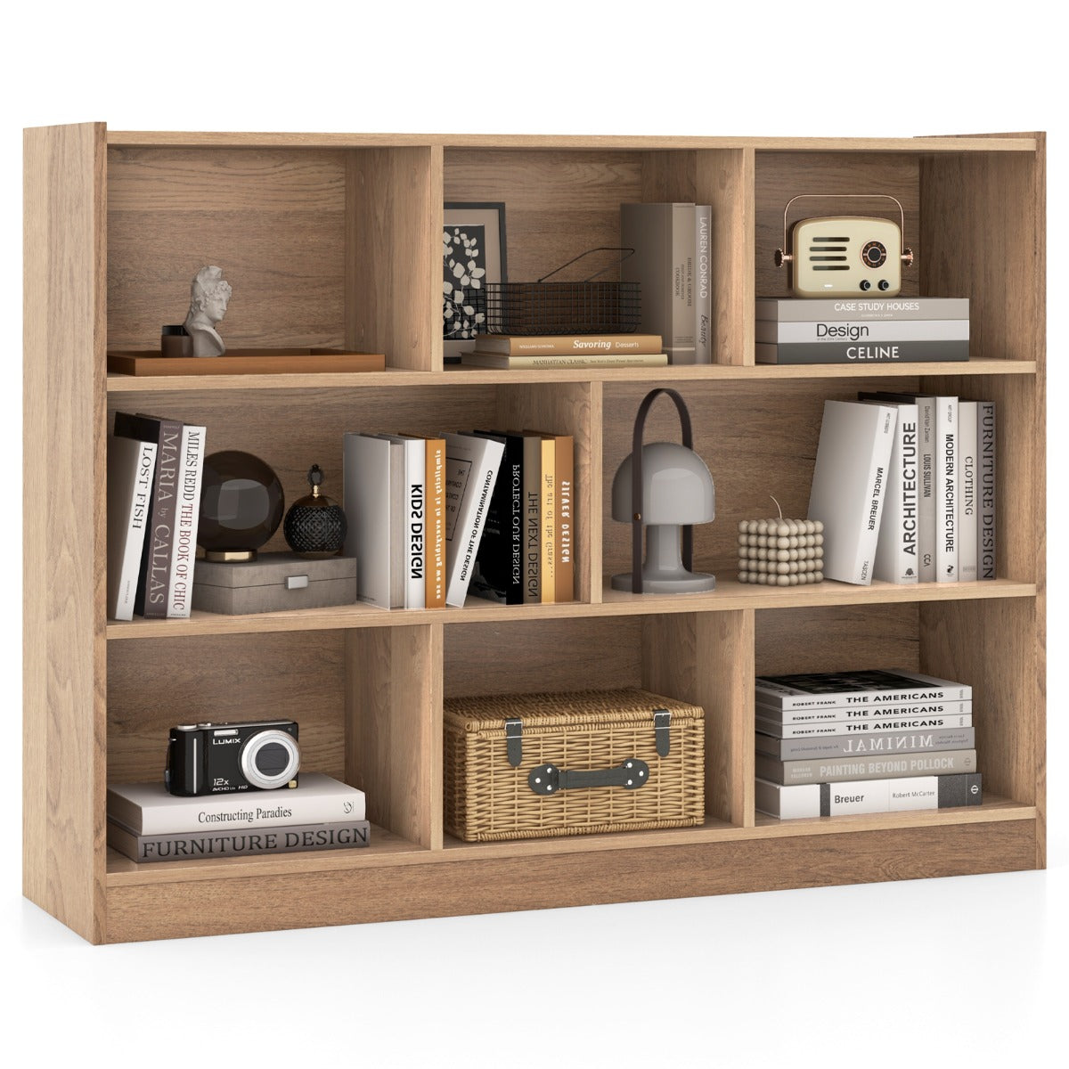 LIVSK Boekenkast - 3 Niveaus met 8 Vakken - Duurzaam Gelamineerd Hout - Tot 60 kg - Modern Design - Houtkleur