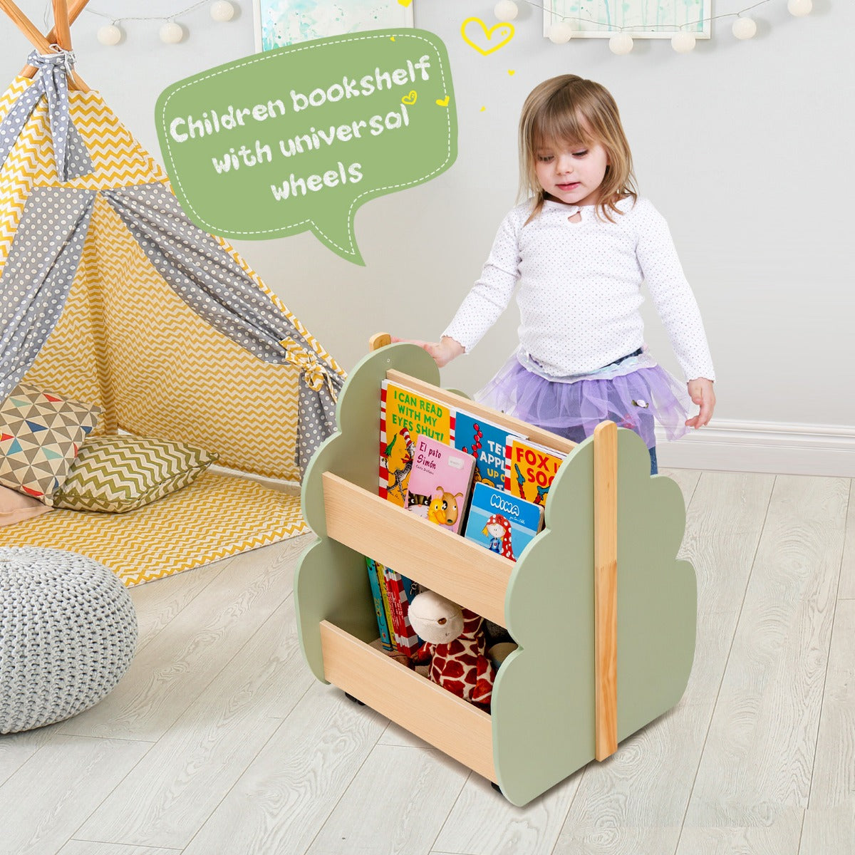 LIVSK Kinderboekenkast op Wielen - Boomvormig met 3 Open Planken - Duurzaam MDF - Lichtlopende Wielen - 52 x 46 x 62,5 cm - Groen