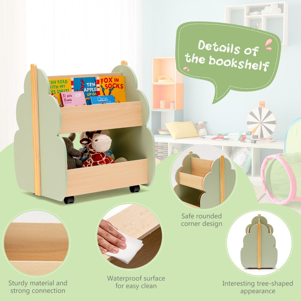 LIVSK Kinderboekenkast op Wielen - Boomvormig met 3 Open Planken - Duurzaam MDF - Lichtlopende Wielen - 52 x 46 x 62,5 cm - Groen