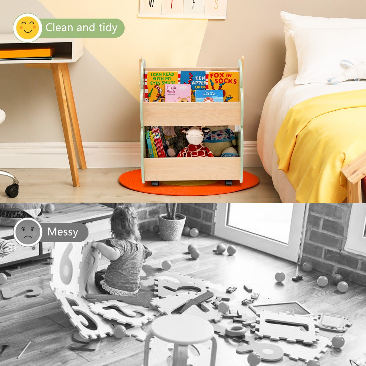 LIVSK Kinderboekenkast op Wielen - Boomvormig met 3 Open Planken - Duurzaam MDF - Lichtlopende Wielen - 52 x 46 x 62,5 cm - Groen