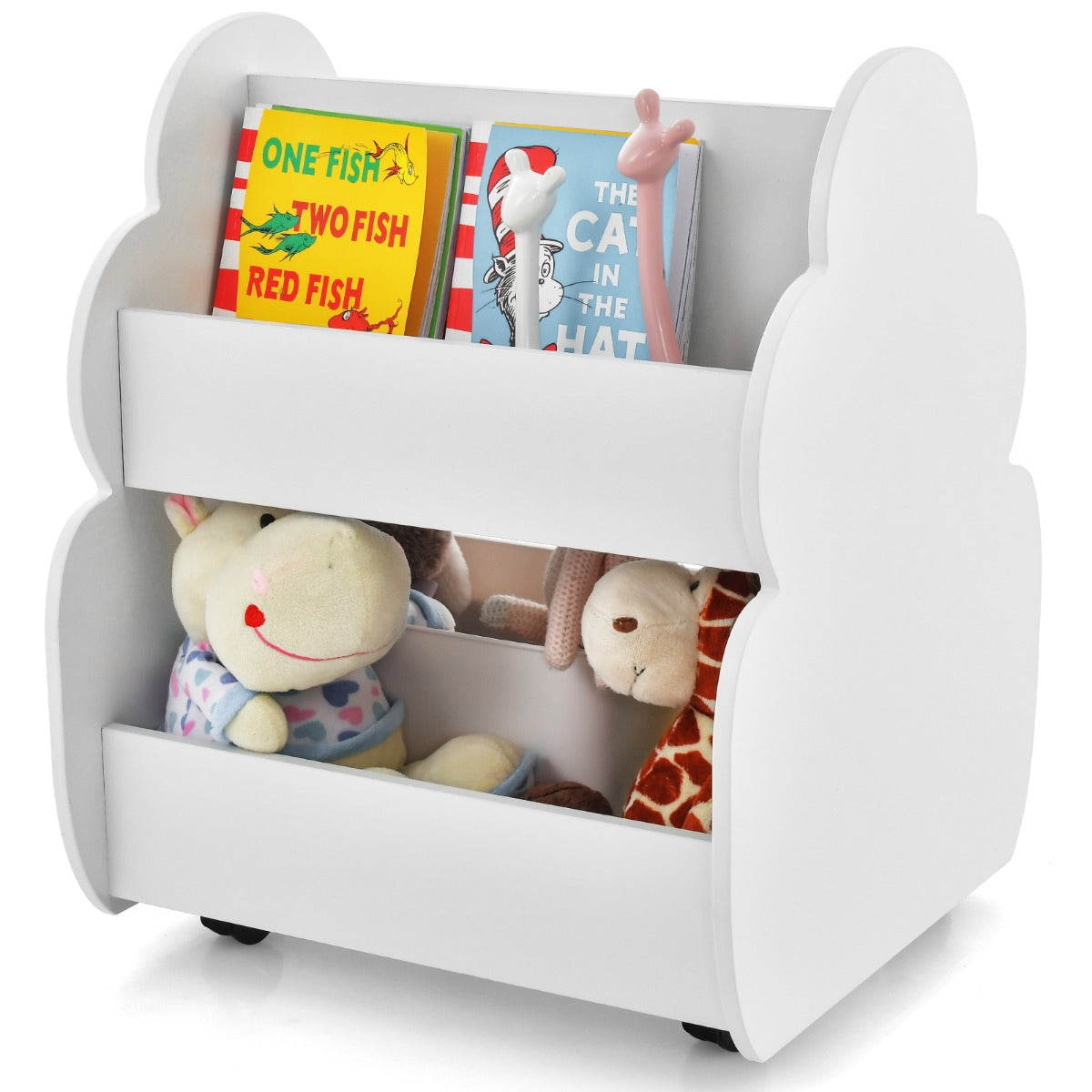LIVSK Dubbellaagse Kinderboekenkast op Wieltjes - Boomvorm - 3 Open Planken - Draagvermogen 20 kg - 52 x 47 x 63,5 cm - Wit