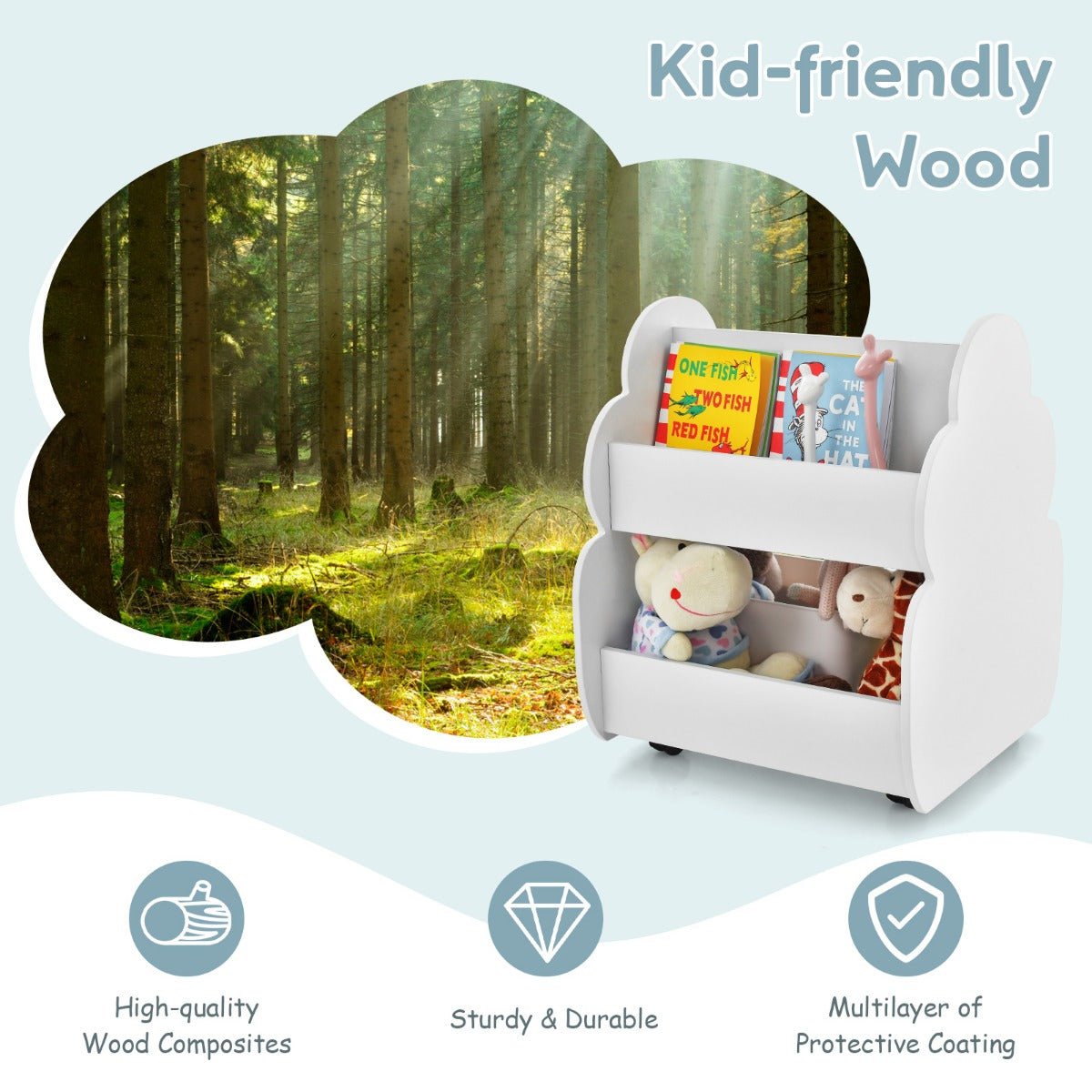 LIVSK Dubbellaagse Kinderboekenkast op Wieltjes - Boomvorm - 3 Open Planken - Draagvermogen 20 kg - 52 x 47 x 63,5 cm - Wit