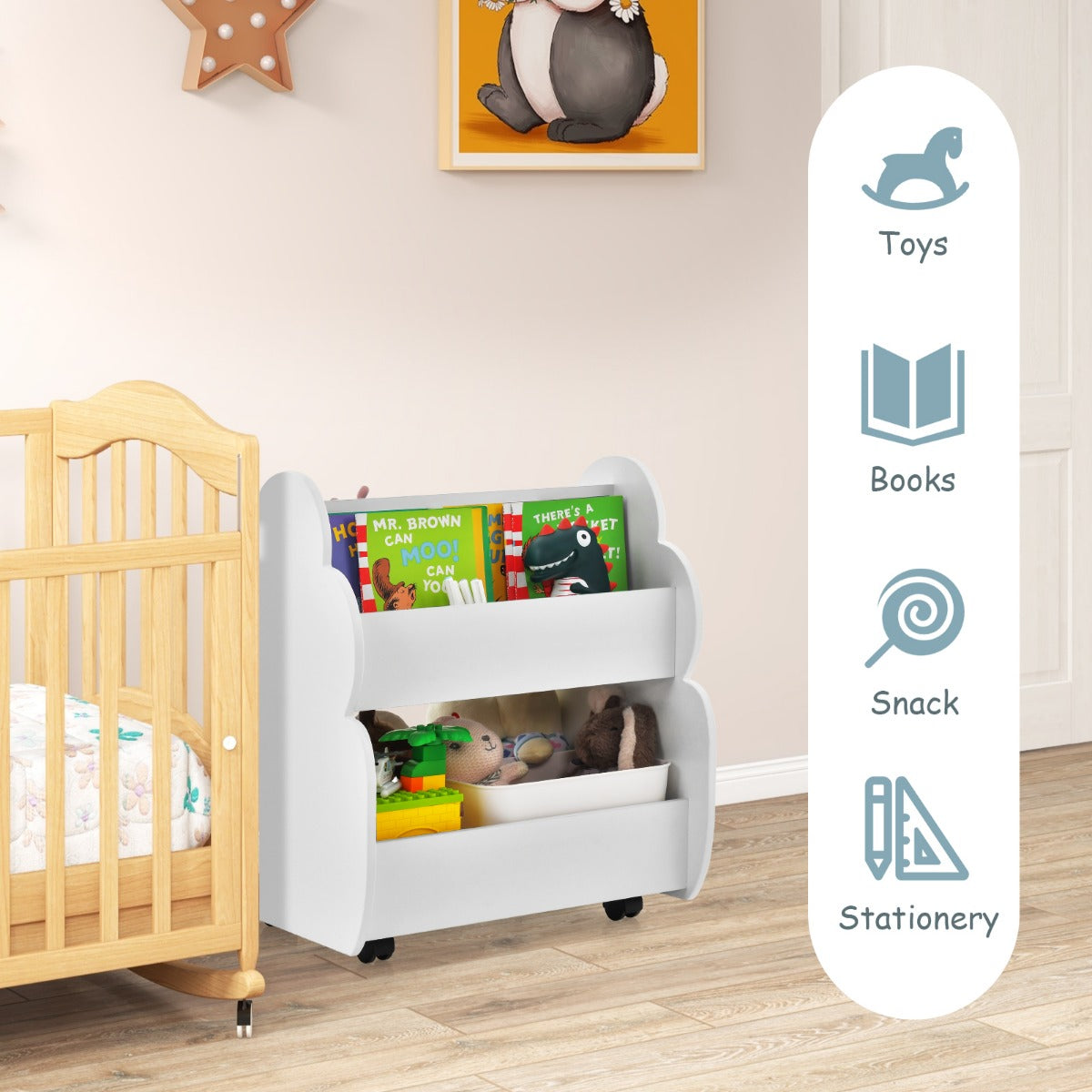 LIVSK Dubbellaagse Kinderboekenkast op Wieltjes - Boomvorm - 3 Open Planken - Draagvermogen 20 kg - 52 x 47 x 63,5 cm - Wit