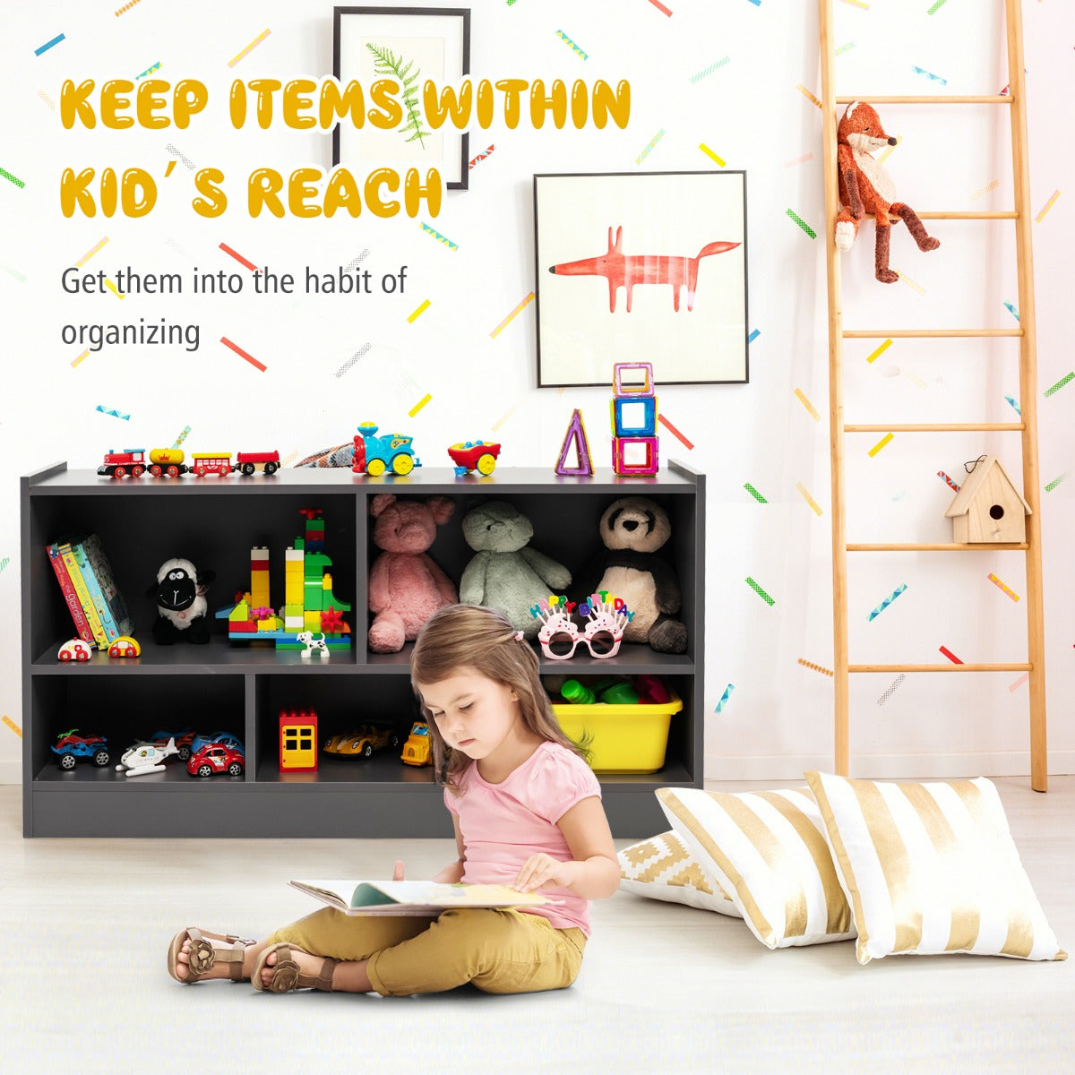 LIVSK Kinderboekenkast met 5 Compartimenten - Veilig en Kindvriendelijk Ontwerp - Stevige Constructie - 111 x 30 x 61,5 cm - Grijs