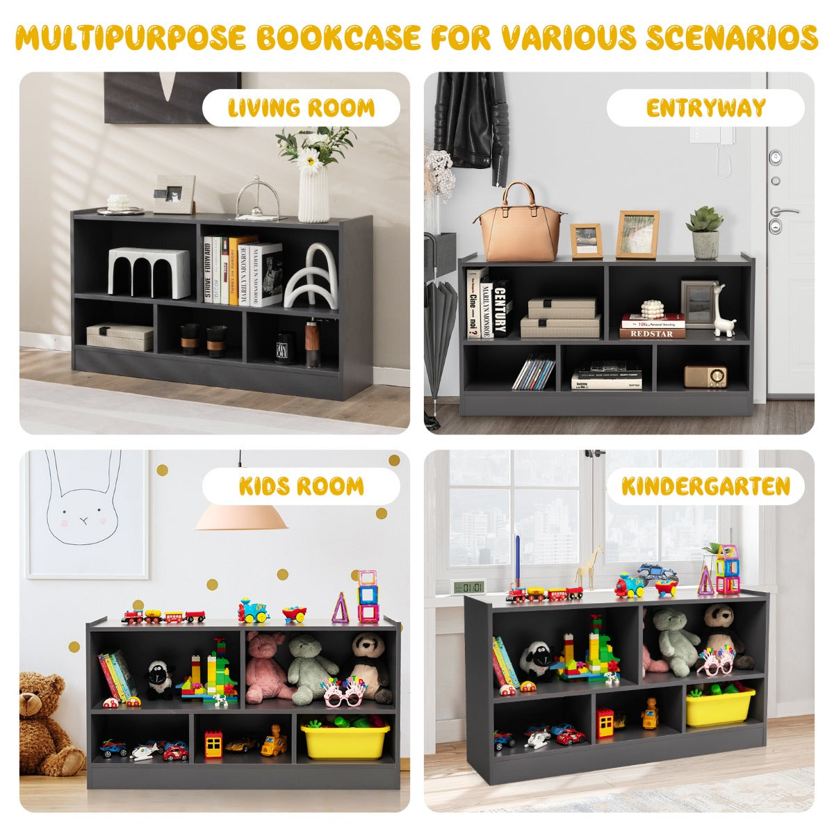 LIVSK Kinderboekenkast met 5 Compartimenten - Veilig en Kindvriendelijk Ontwerp - Stevige Constructie - 111 x 30 x 61,5 cm - Grijs