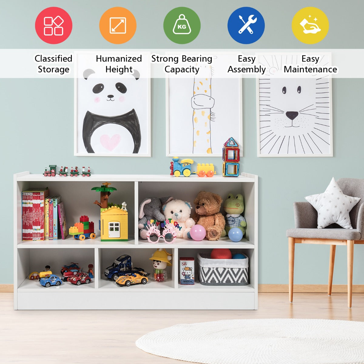 LIVSK Kinderboekenkast - 5 Compartimenten - Veilig en Duurzaam - Kindvriendelijk Ontwerp - 111 x 30 x 61,5 cm - Wit