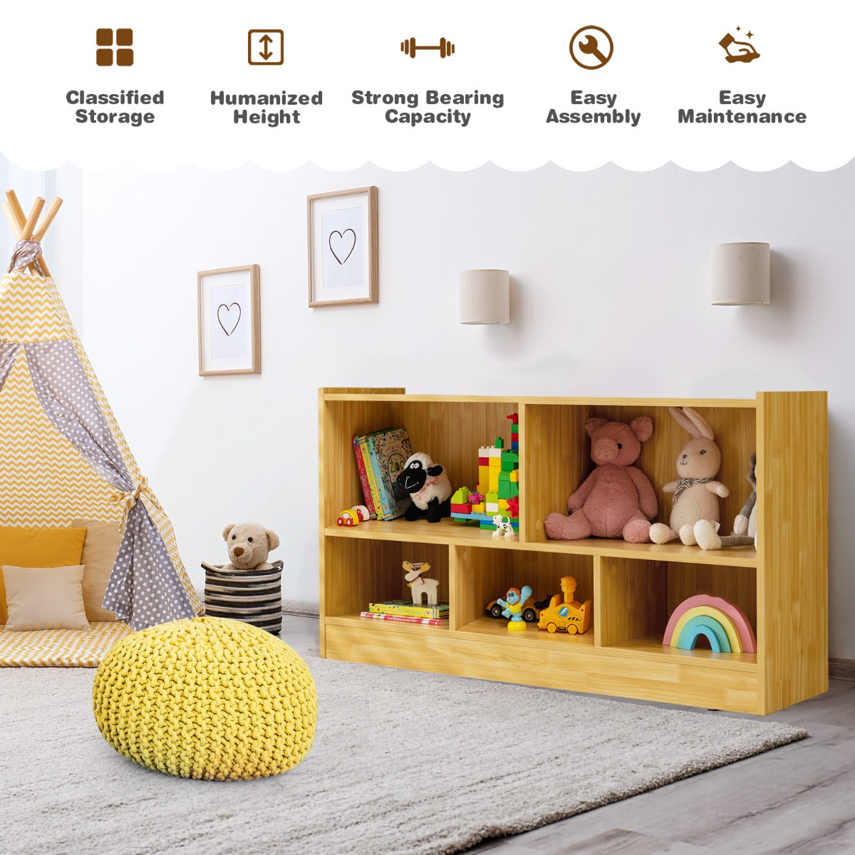 LIVSK Kinderboekenkast - 5 Ruime Kubussen - Kindvriendelijk en Duurzaam - Veilige Opbergplank - 111 x 30 x 61,5 cm - Natuur