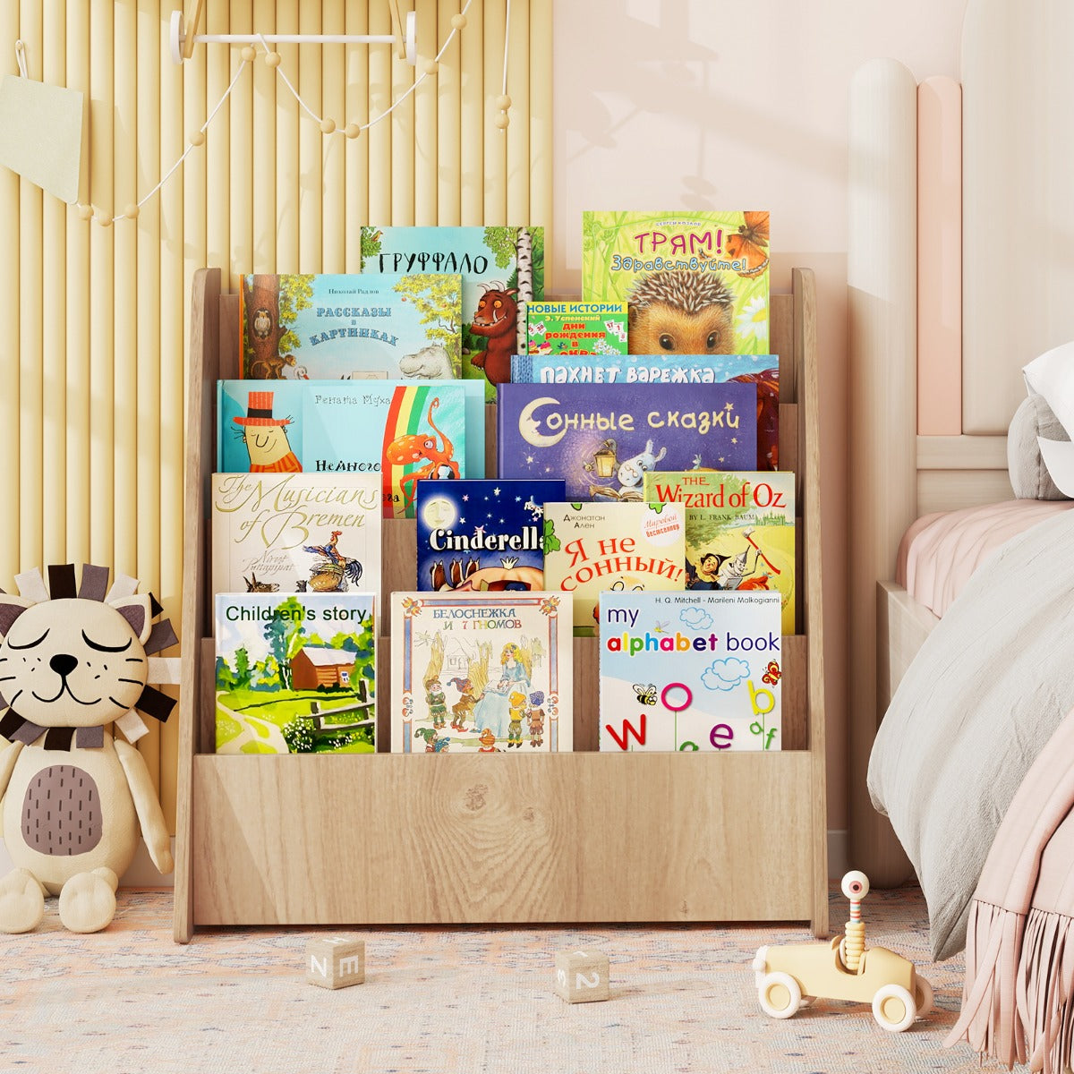 LIVSK 4-laags Kinderboekenplank - 4 Ruime Vakken - Stevige Constructie - Veilig met Afgeronde Hoeken - Ideaal voor Kinderen -