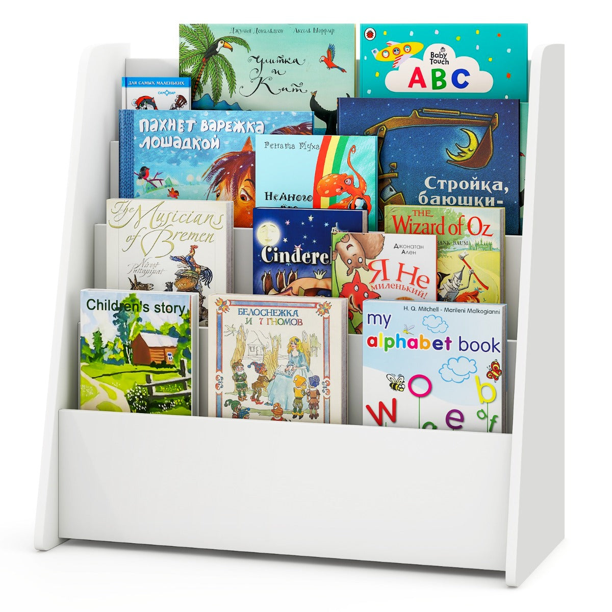 LIVSK Kinderboekenrek met 4 Opbergvakken - Optimale Hoogte 59 cm - Stabiele Trapeziumstructuur - Veilig en Eenvoudig te Reinigen