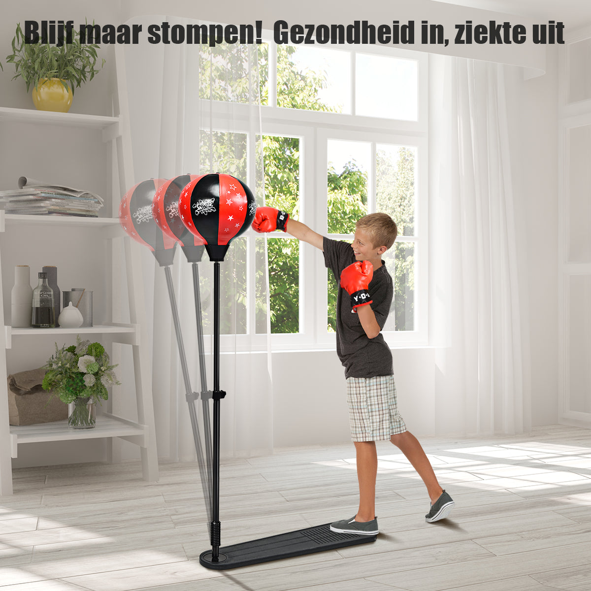 LIVSK Staande Bokszak voor Kinderen - Verstelbaar van 85 tot 130 cm - Duurzaam PE en PVC-leer - Antislip Basis - Zwart en Rood