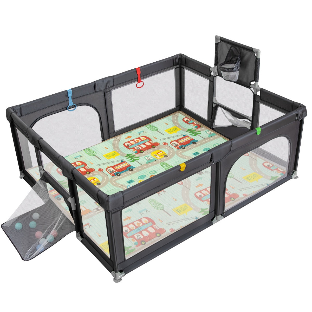 Livsk costway kinderbox opvouwbaar box met matras 50 speelballen basketbalmand voetbalnet kruiprooster met ademend net 188 x 157 cm grijs