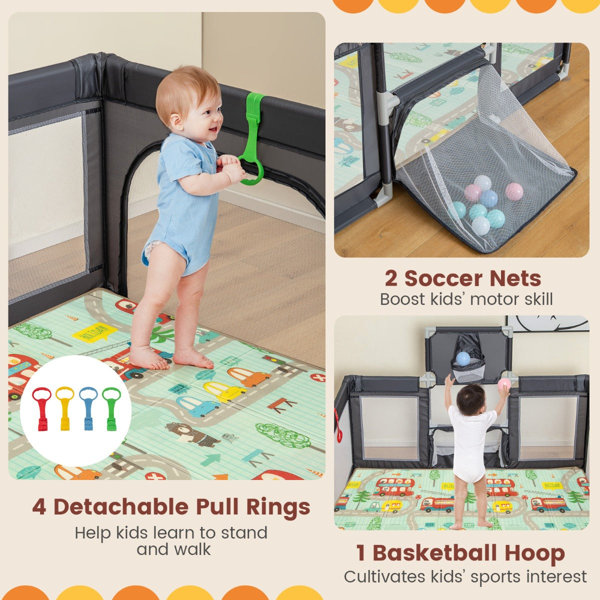 Livsk costway kinderbox opvouwbaar box met matras 50 speelballen basketbalmand voetbalnet kruiprooster met ademend net 188 x 157 cm grijs 3