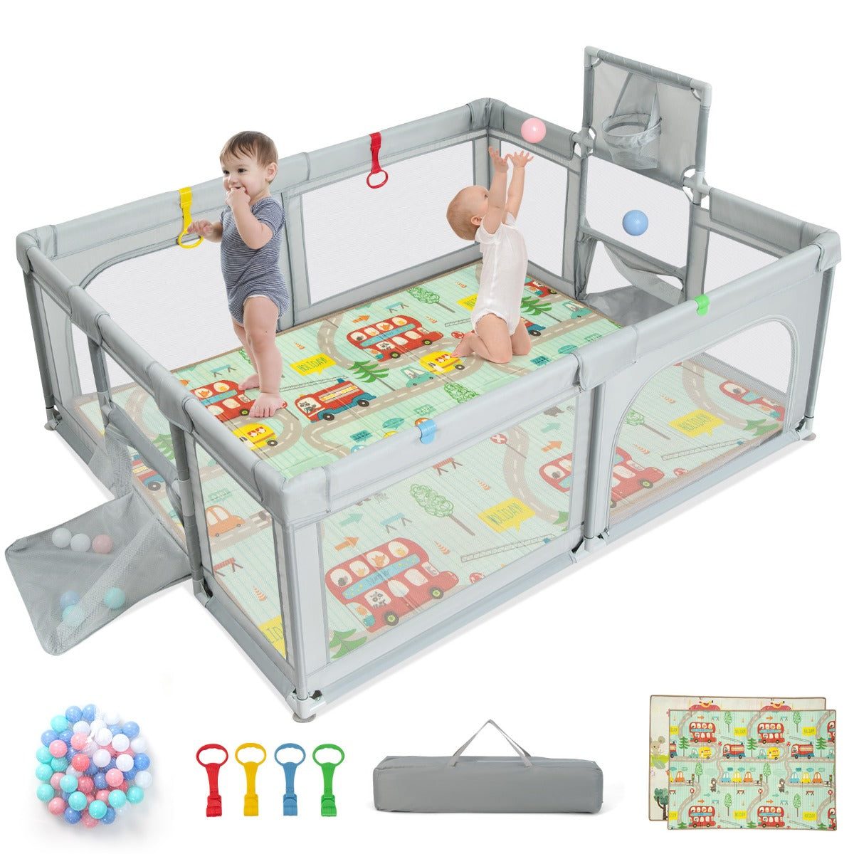 Livsk costway kinderbox opvouwbaar box met matras 50 speelballen basketbalmand voetbalnet kruiprooster met ademend net 188 x 157 cm lichtgrijs 1 1