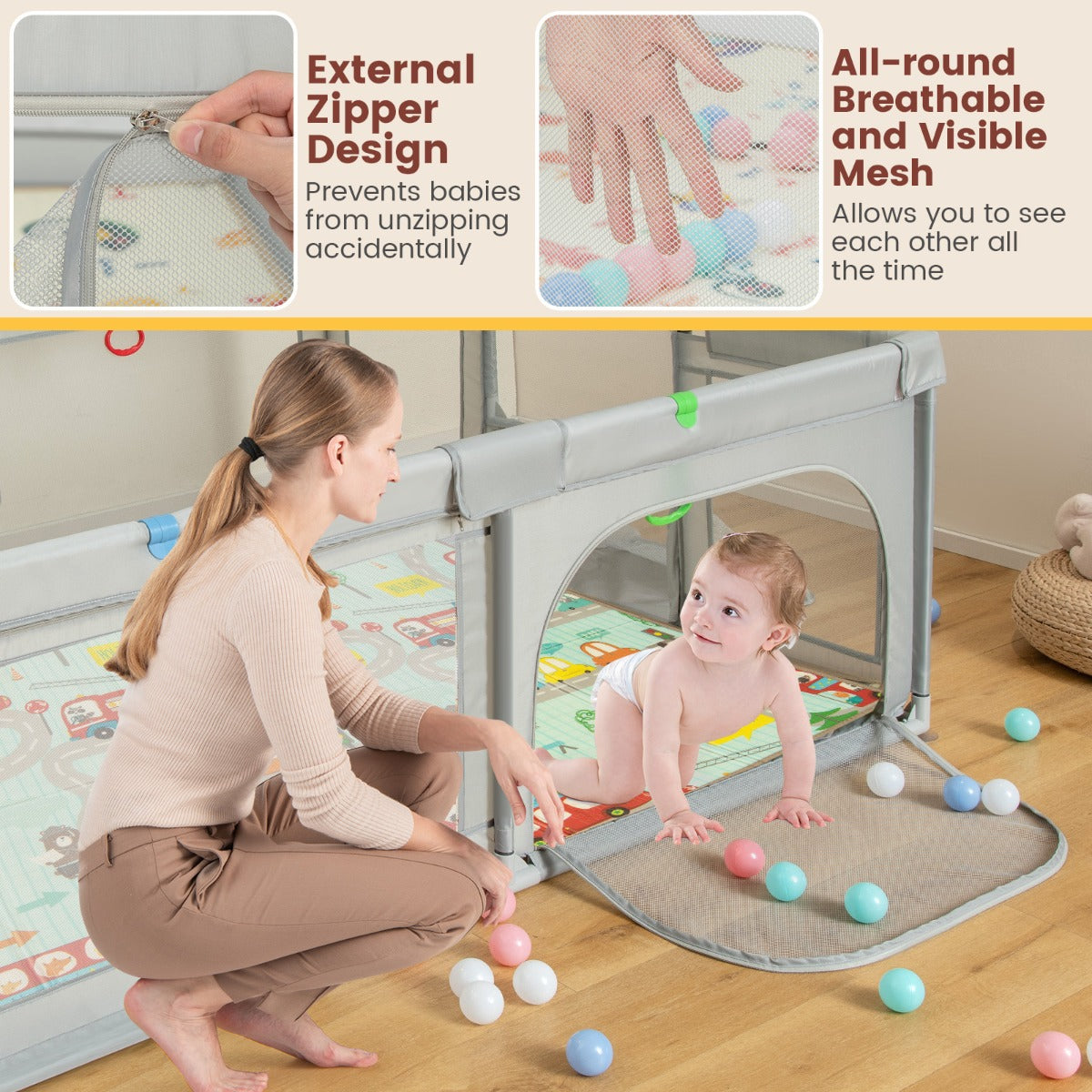 Livsk costway kinderbox opvouwbaar box met matras 50 speelballen basketbalmand voetbalnet kruiprooster met ademend net 188 x 157 cm lichtgrijs 4