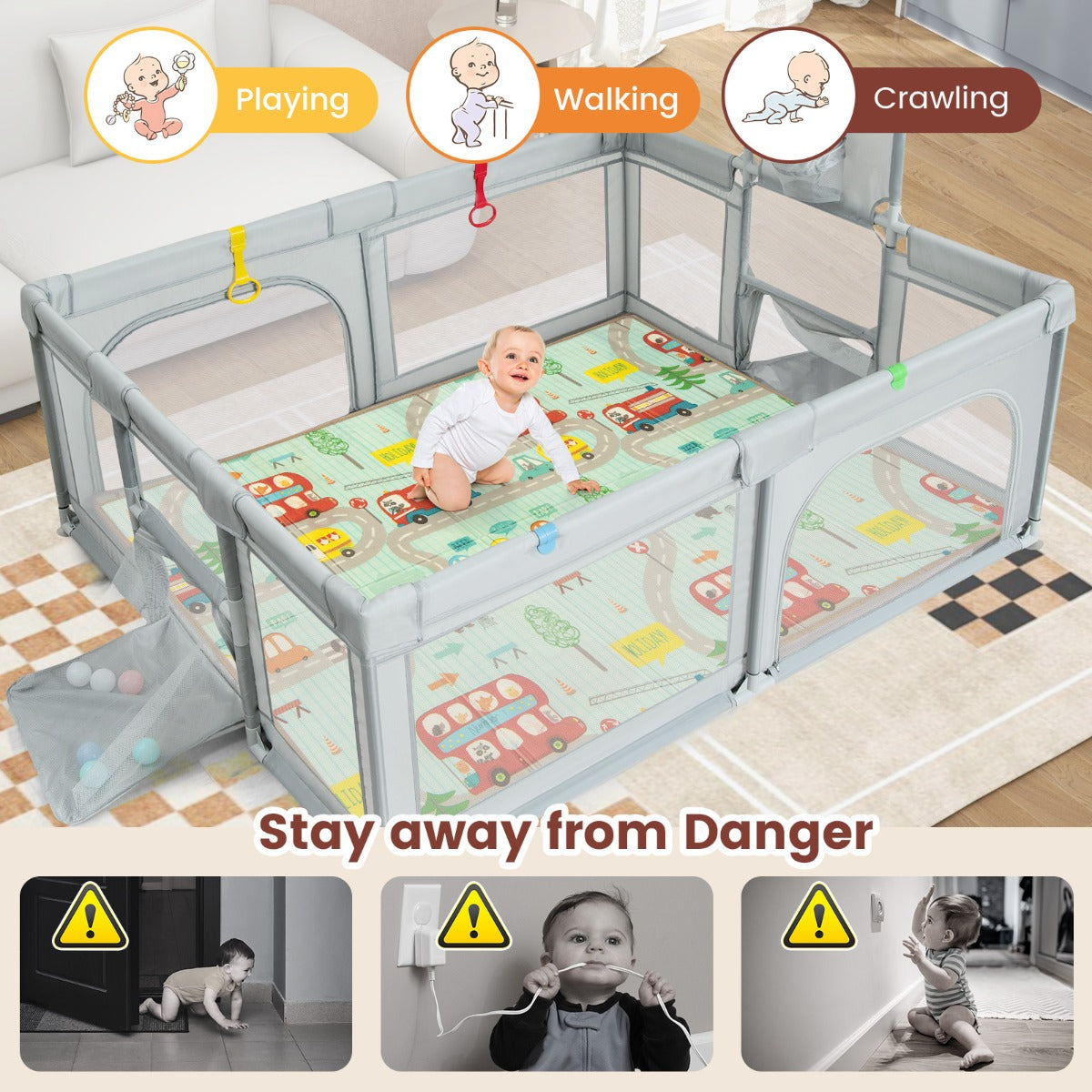 Livsk costway kinderbox opvouwbaar box met matras 50 speelballen basketbalmand voetbalnet kruiprooster met ademend net 188 x 157 cm lichtgrijs 6