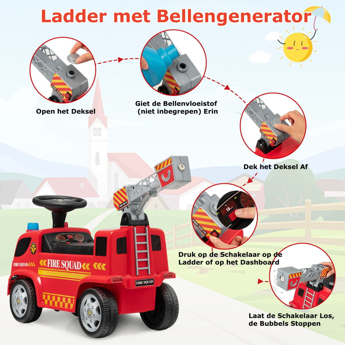 LIVSK Brandweerwagen met Bellenpistool - Realistische Sirenegeluiden - Duurzaam en Stabiel - Voor 18-36 maanden - Rood