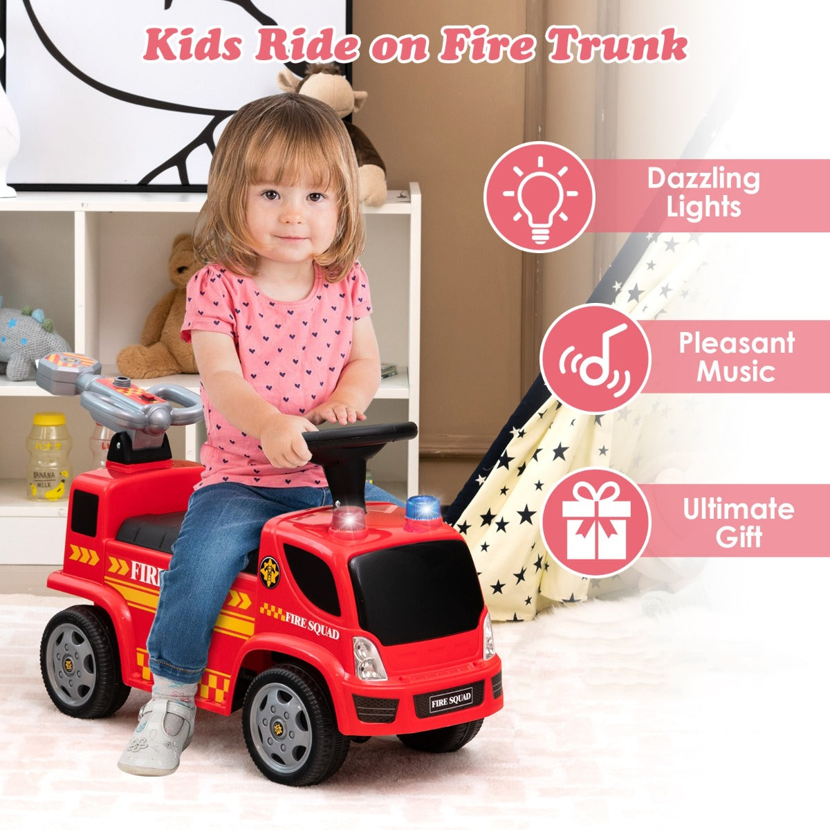 LIVSK Brandweerwagen Speelgoedauto - Realistische Sirenes en Muziek - Bellenblaasfunctie - Ergonomische Zitting - Tot 20 kg - Rood