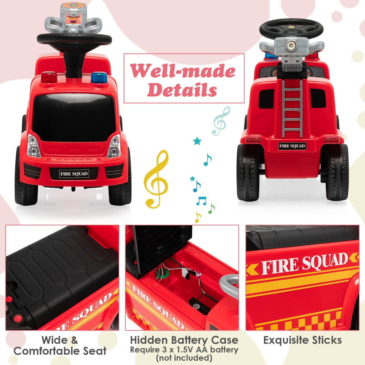 LIVSK Brandweerwagen Speelgoedauto - Realistische Sirenes en Muziek - Bellenblaasfunctie - Ergonomische Zitting - Tot 20 kg - Rood