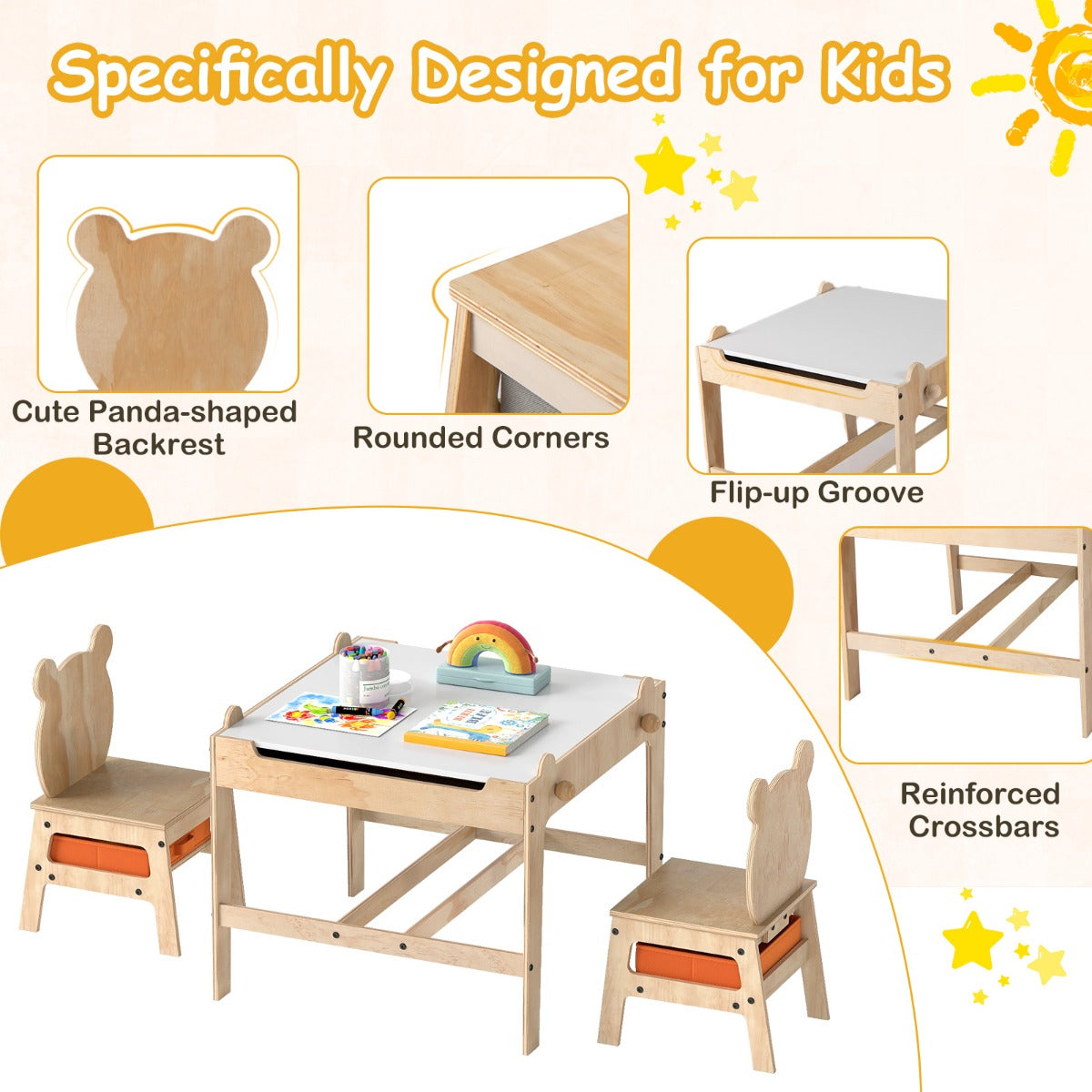 Livsk costway kinderbureau en stoel met omklapbaar magnetisch bord en opbergmand 3