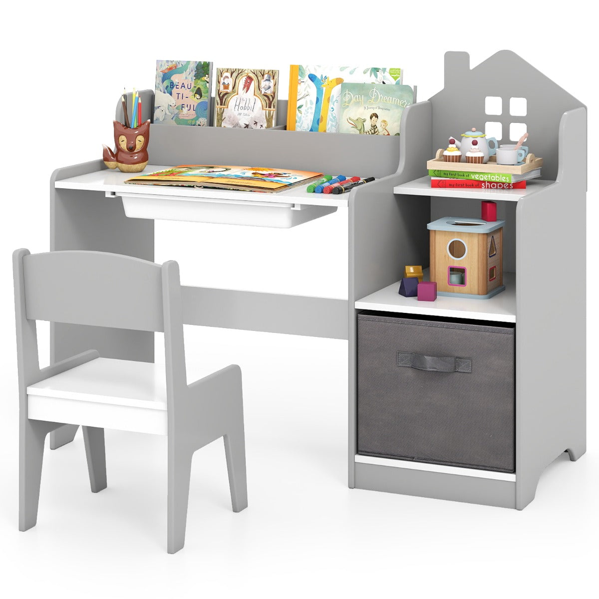 Livsk costway kinderbureau en stoel met open boekenkast lades en stoffen opbergdozen grijs