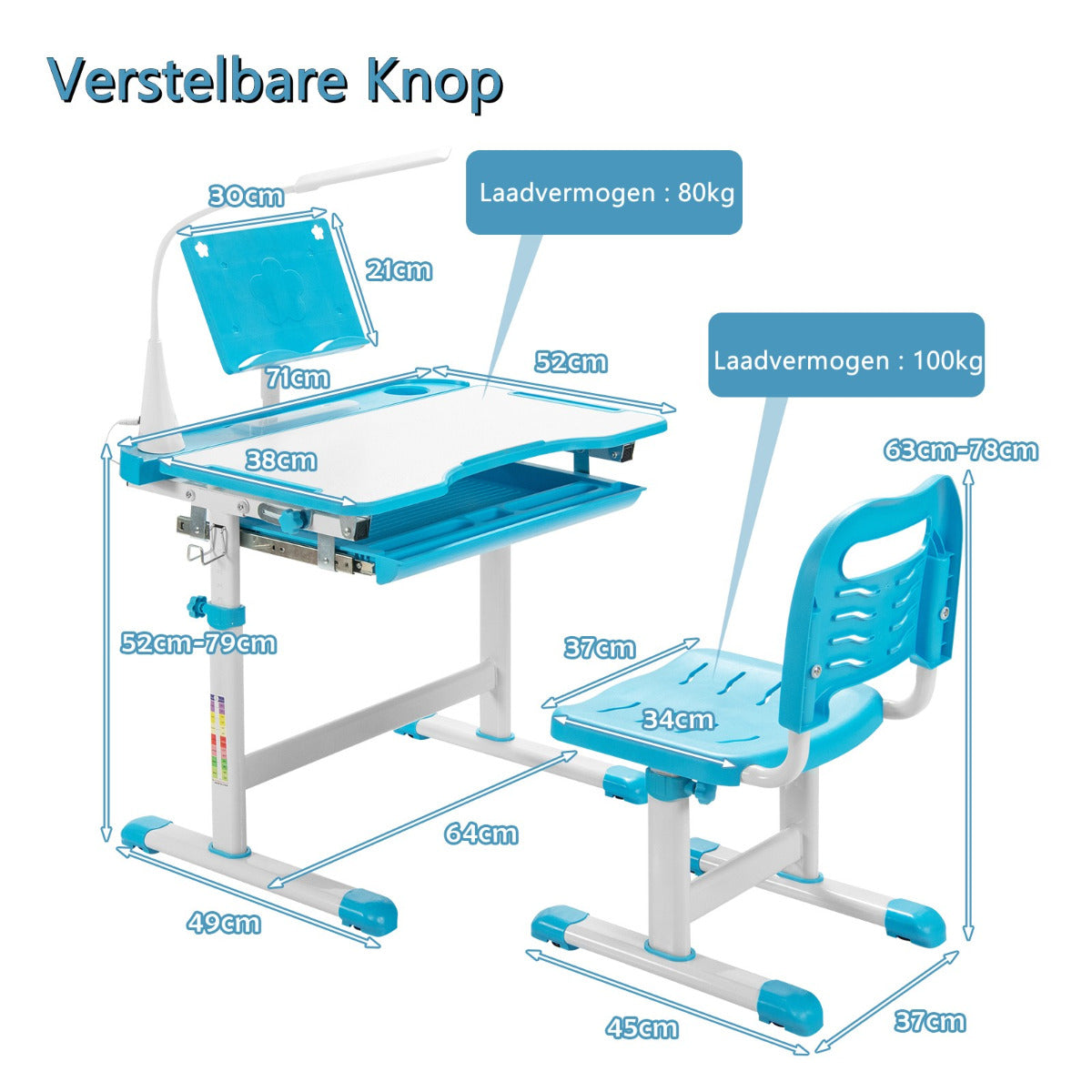 LIVSK Verstelbare Kinderbureau en Stoelen Set - Duurzaam MDF - LED Lamp - Boekenstandaard - Tot 100 kg - Blauw